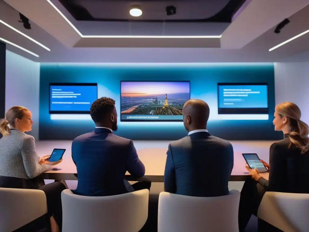 Profesionales innovadores colaborando en un espacio virtual elegante Profesionales colaborando en un espacio virtual moderno, con claves gestión videoconferencias eventos virtuales, ambiente productivo e innovador