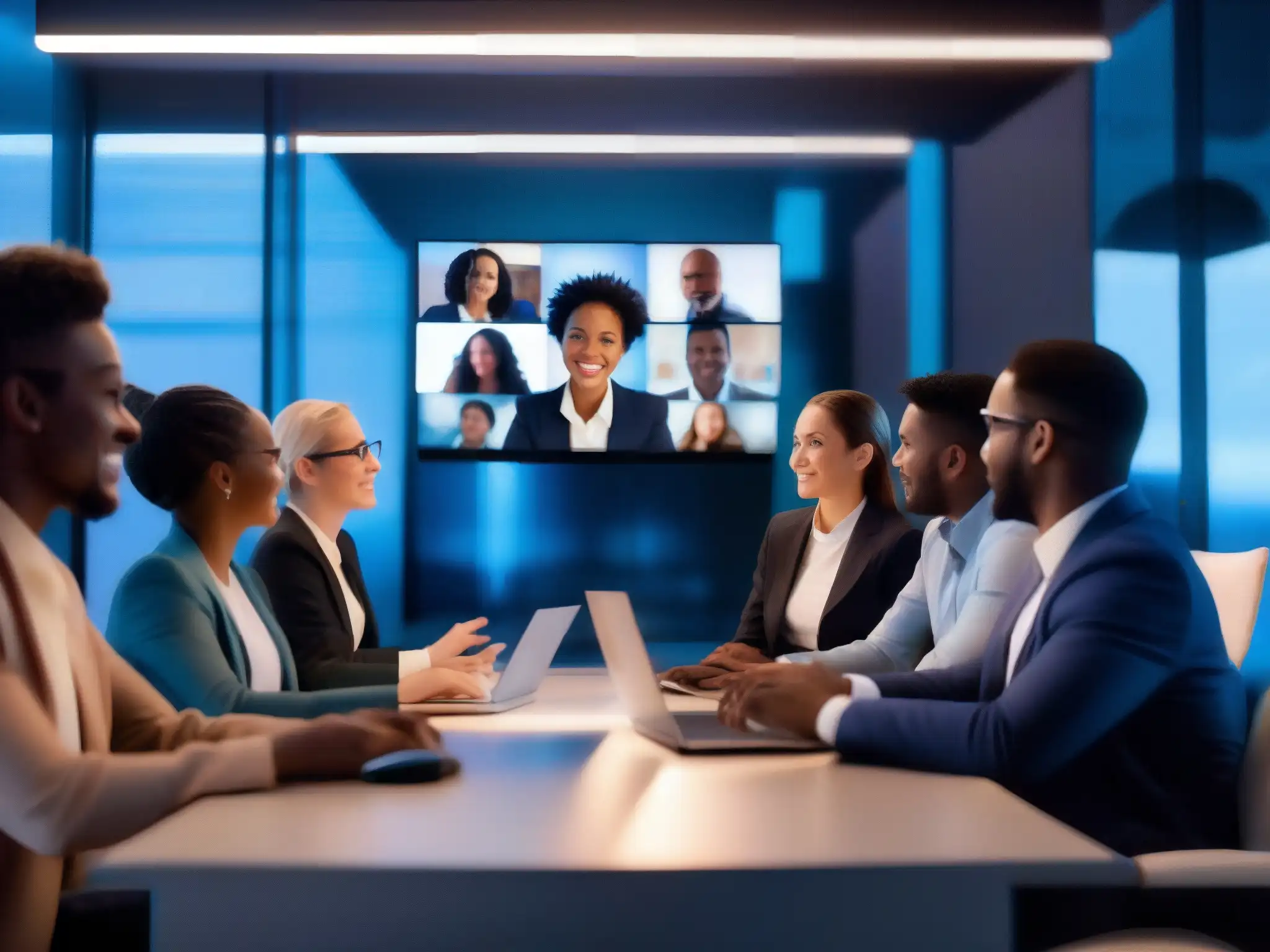 Conferencia virtual: diversidad y profesionalismo Profesionales y estudiantes diversos participan en una animada videoconferencia, con un ambiente moderno y seguro en herramientas de videoconferencia