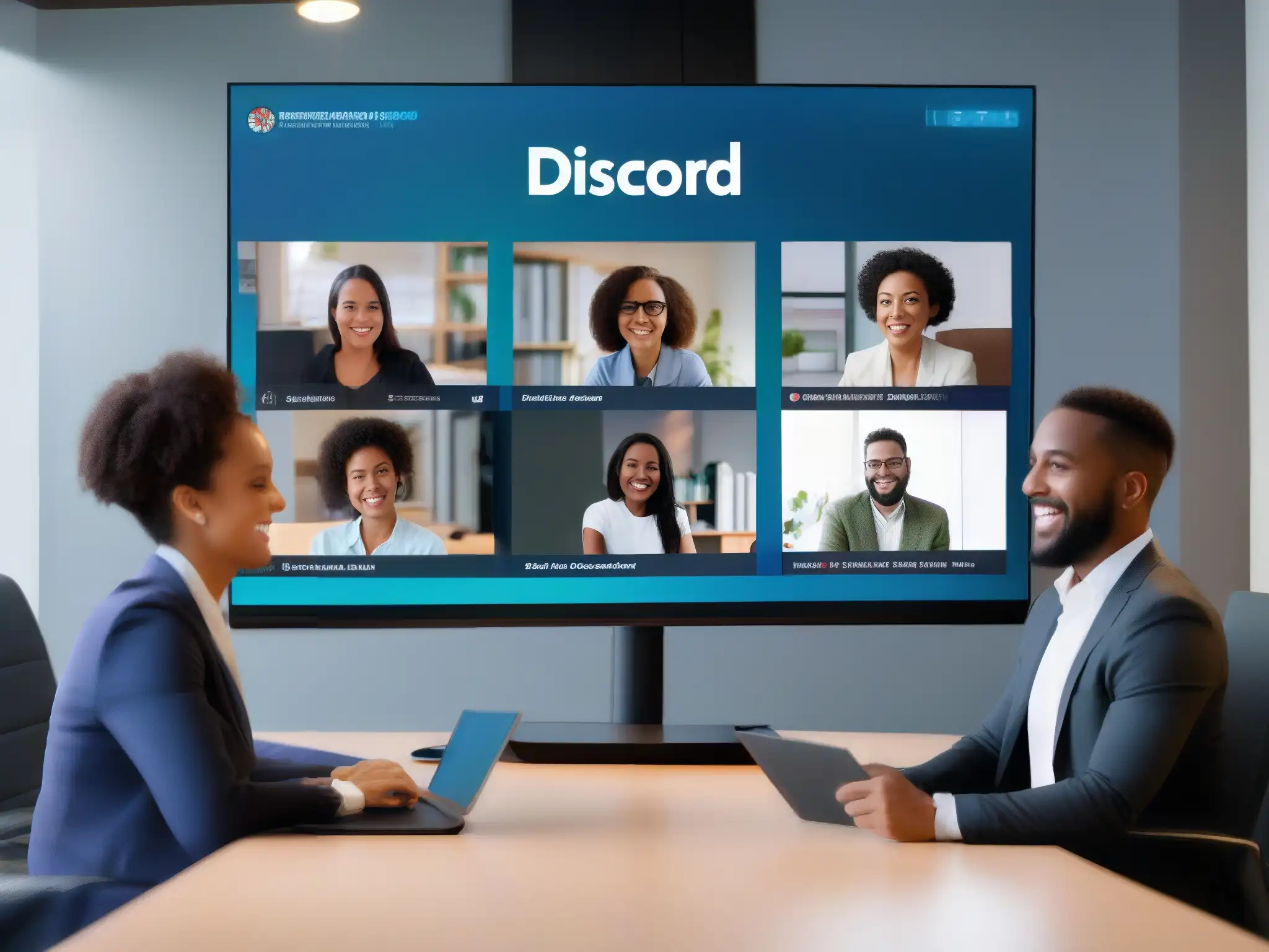 Videoconferencia dinámica en Discord: profesionales y estudiantes colaborando en entorno virtual Profesionales y estudiantes participan en una animada videoconferencia en Discord