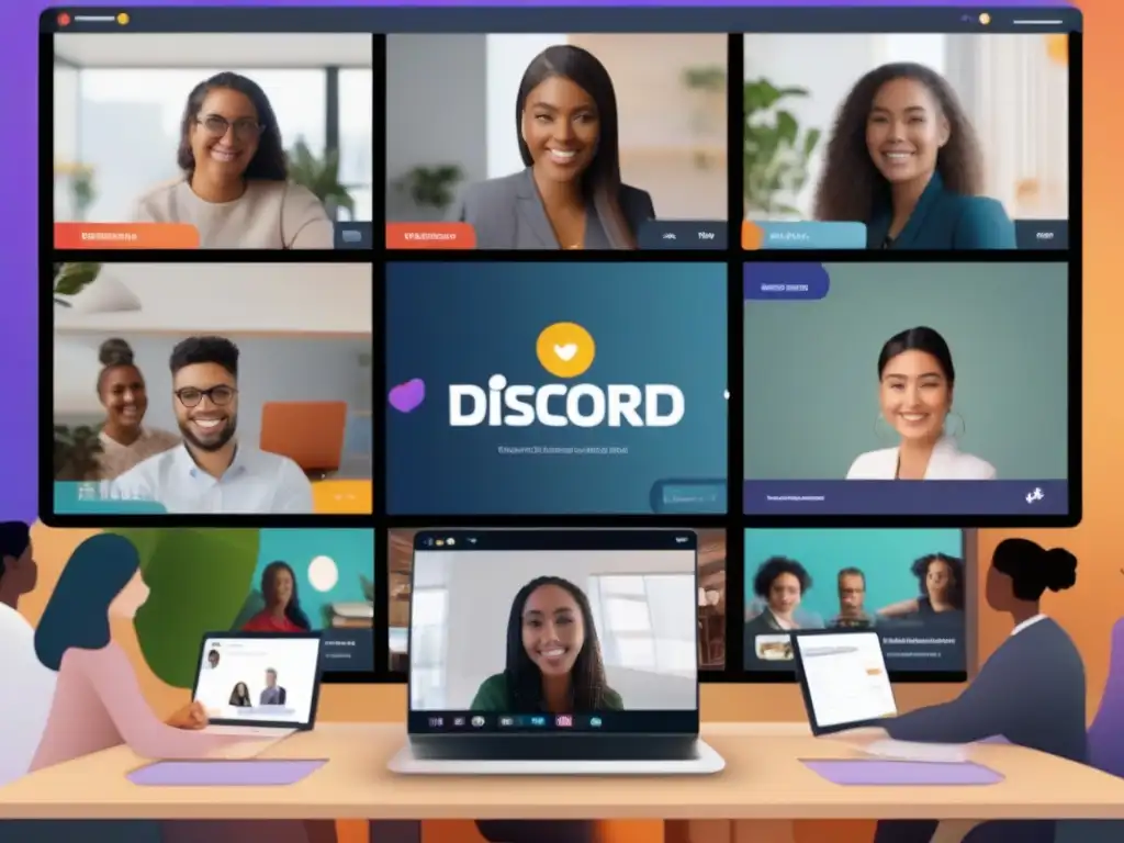 Conferencia virtual en Discord: colaboración dinámica Profesionales y estudiantes participan en una animada videoconferencia en Discord, mostrando su versatilidad para equipos y comunidades