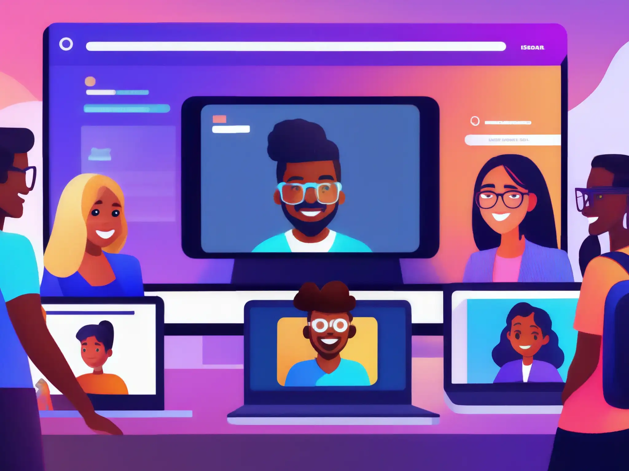 Videoconferencia animada en Discord: educación y colaboración Profesionales y estudiantes participan en una animada videoconferencia en Discord, con fondos virtuales futuristas