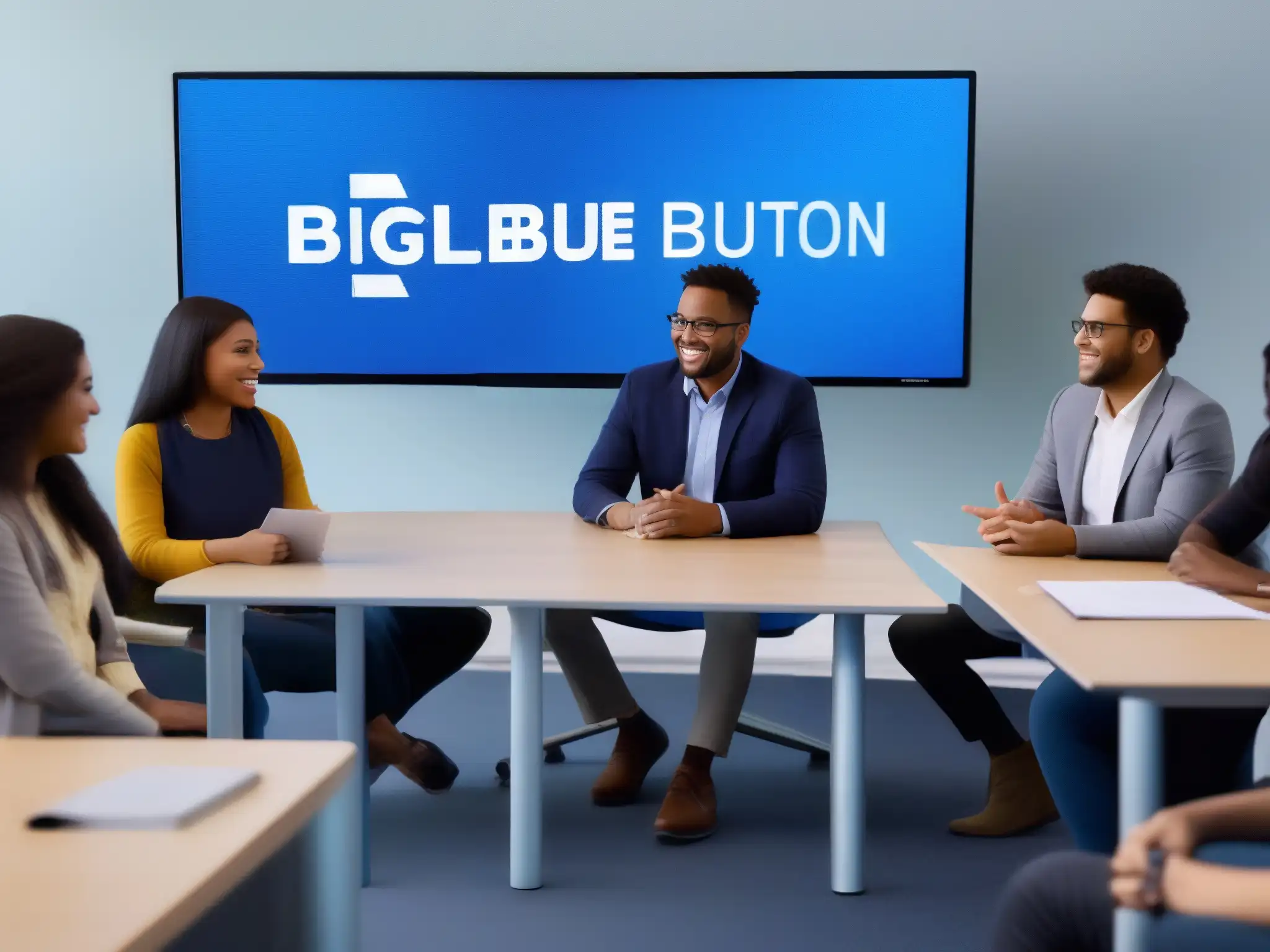 Conferencia virtual animada en BigBlueButton: Colaboración e interacción Profesionales y estudiantes participan activamente en una aula virtual de BigBlueButton, destacando sus ventajas y limitaciones