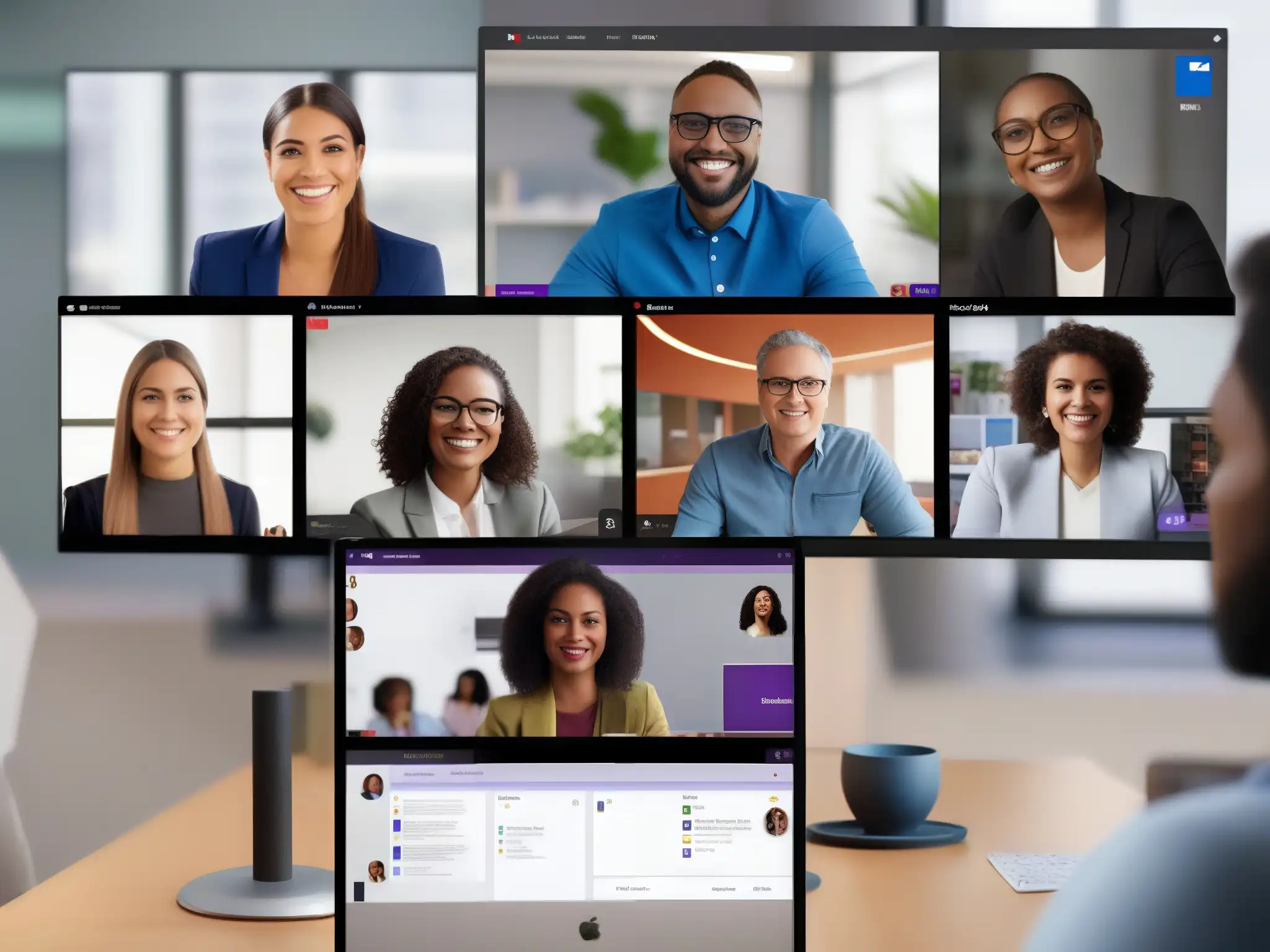 Colaboración en tiempo real: Microsoft Teams y Slack en acción Profesionales usando Microsoft Teams y estudiantes en Slack para colaboración eficiente