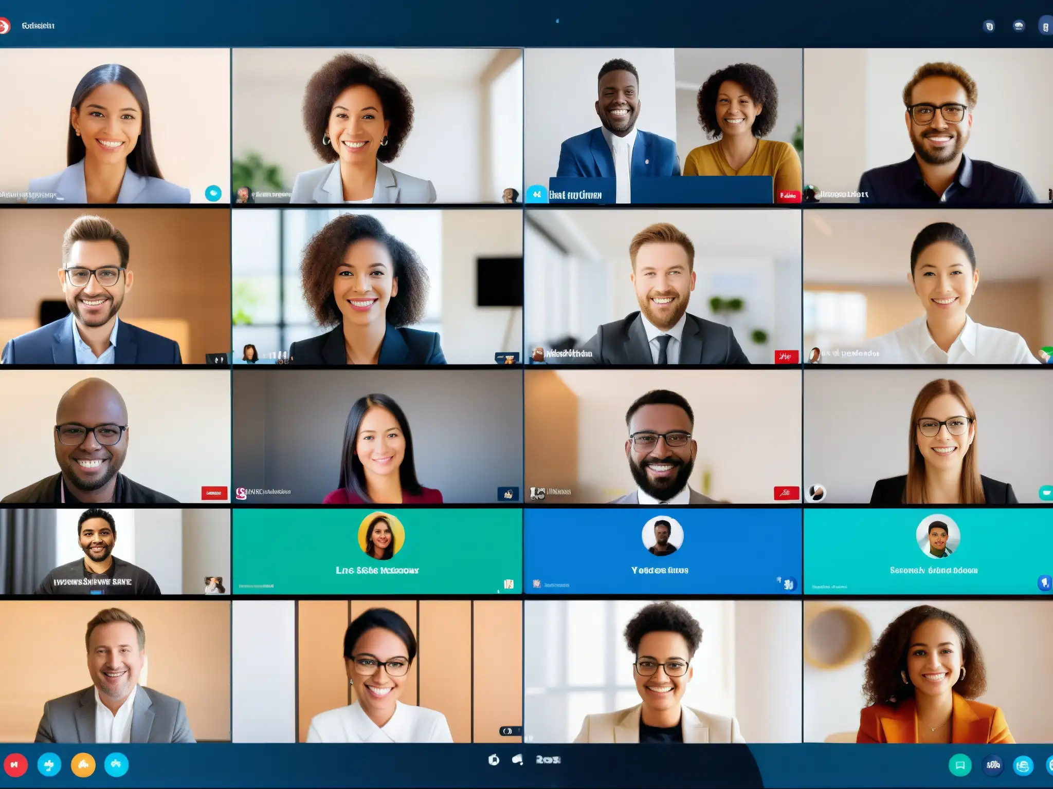 Conferencia virtual multilingüe: Inclusión y colaboración global Profesionales y estudiantes de distintas culturas usan herramientas de videoconferencia y traducción en tiempo real para colaborar globalmente