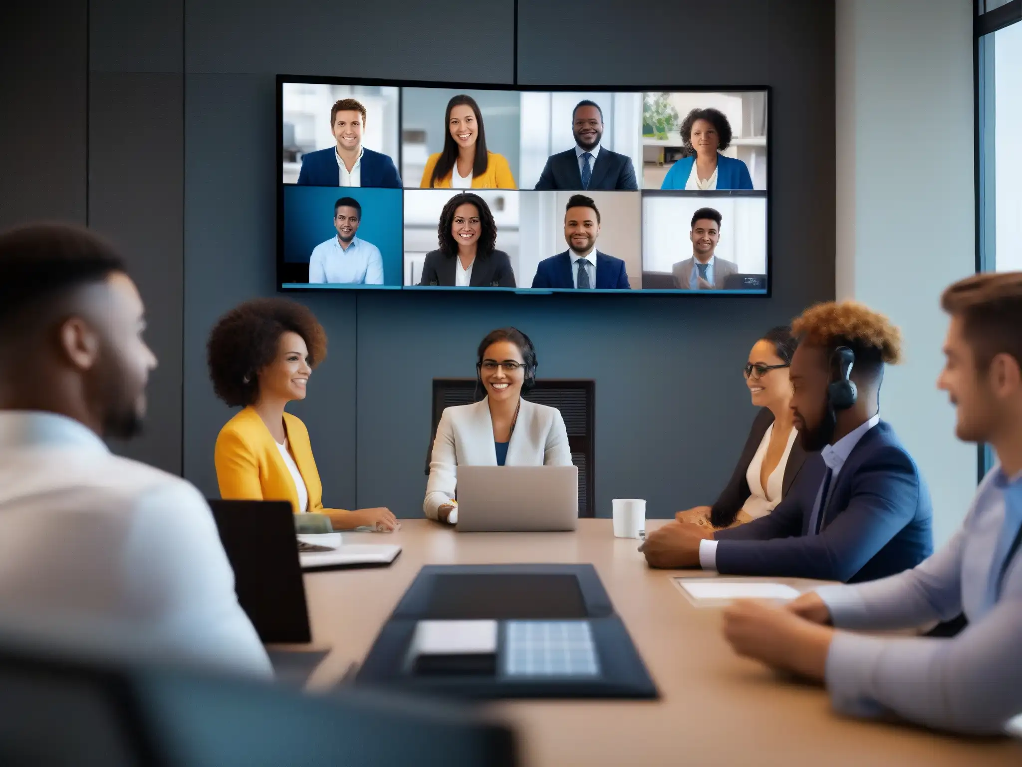 Profesionales y estudiantes en videoconferencia segura Profesionales y estudiantes diversificados participan en una videoconferencia segura, destacando mejoras en seguridad y protocolos