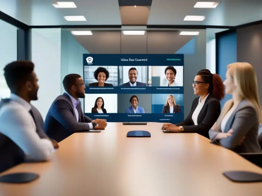 Videoconferencia personalizada y futurista: profesionales y estudiantes intercambian ideas Profesionales y estudiantes diversificados participan en una videoconferencia personalizada