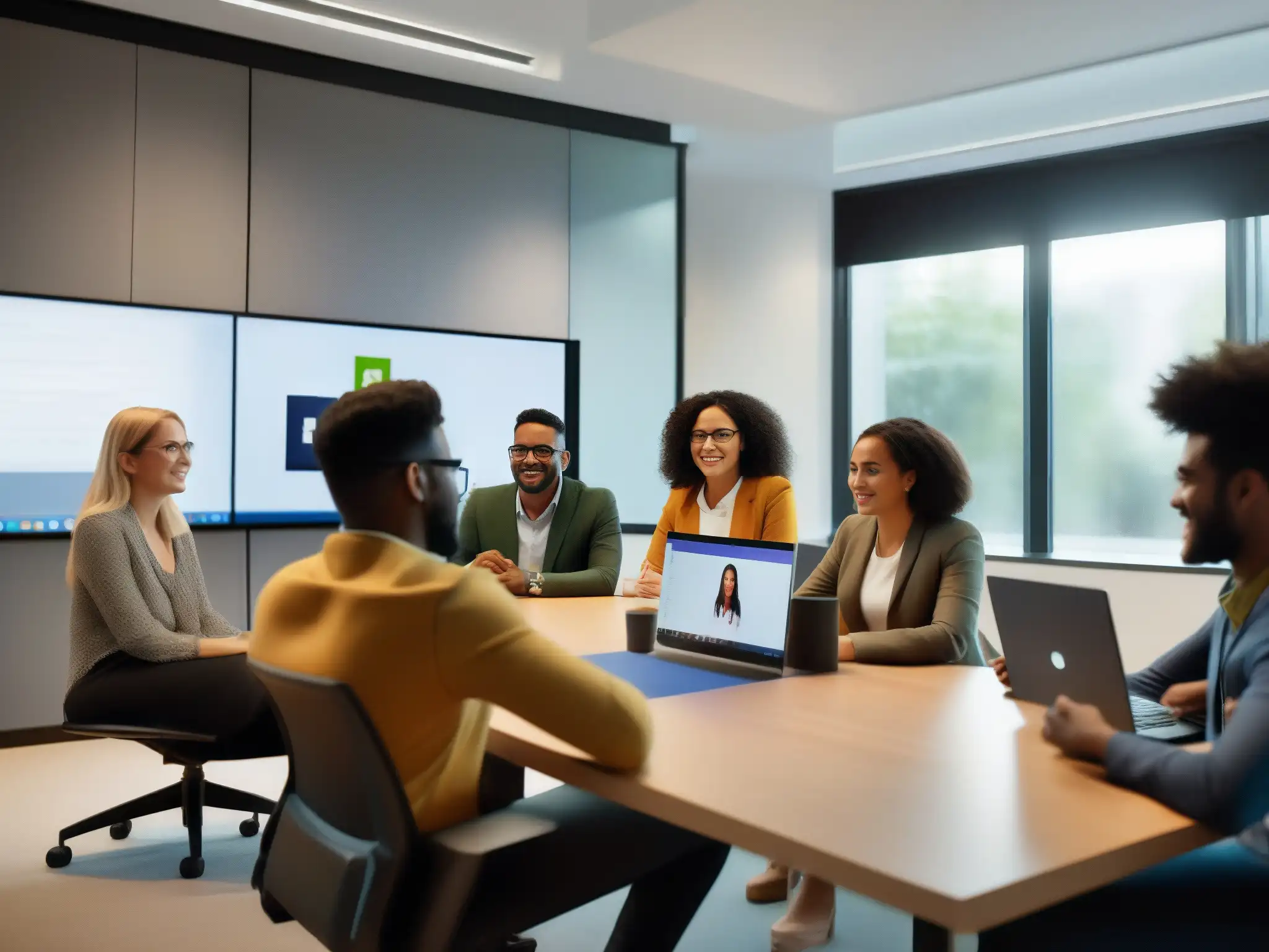 Reunión virtual dinámica con Microsoft Teams: colaboración en acción Profesionales y estudiantes colaboran con entusiasmo en Microsoft Teams, reflejando energía y productividad en la oficina o aula moderna