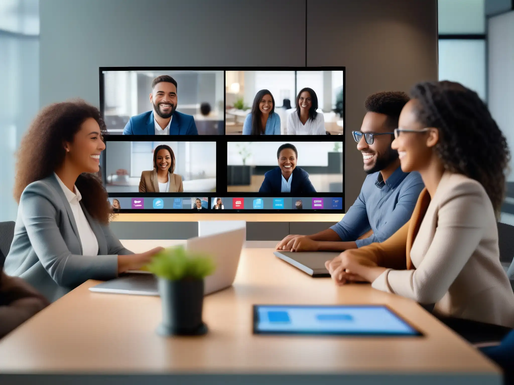 Videoconferencia profesional: productividad y conexión Profesionales y estudiantes participan con entusiasmo en una videoconferencia