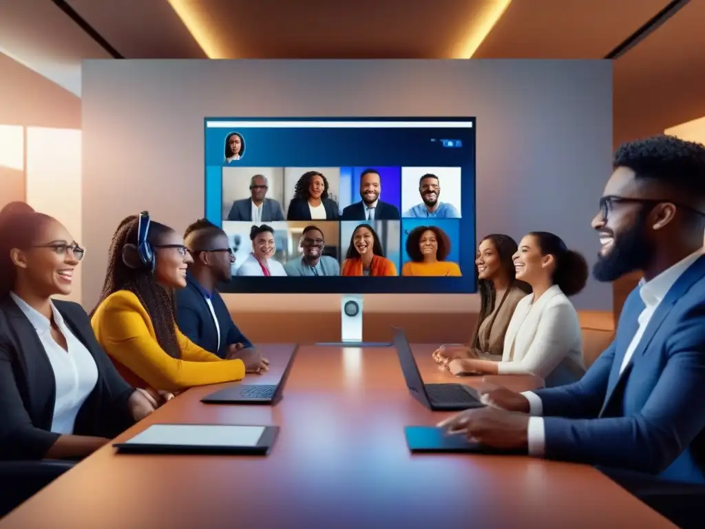 Conferencia virtual: diversidad y entusiasmo en acción Profesionales y estudiantes participan con entusiasmo en una videoconferencia, con tecnología moderna y un fondo vibrante