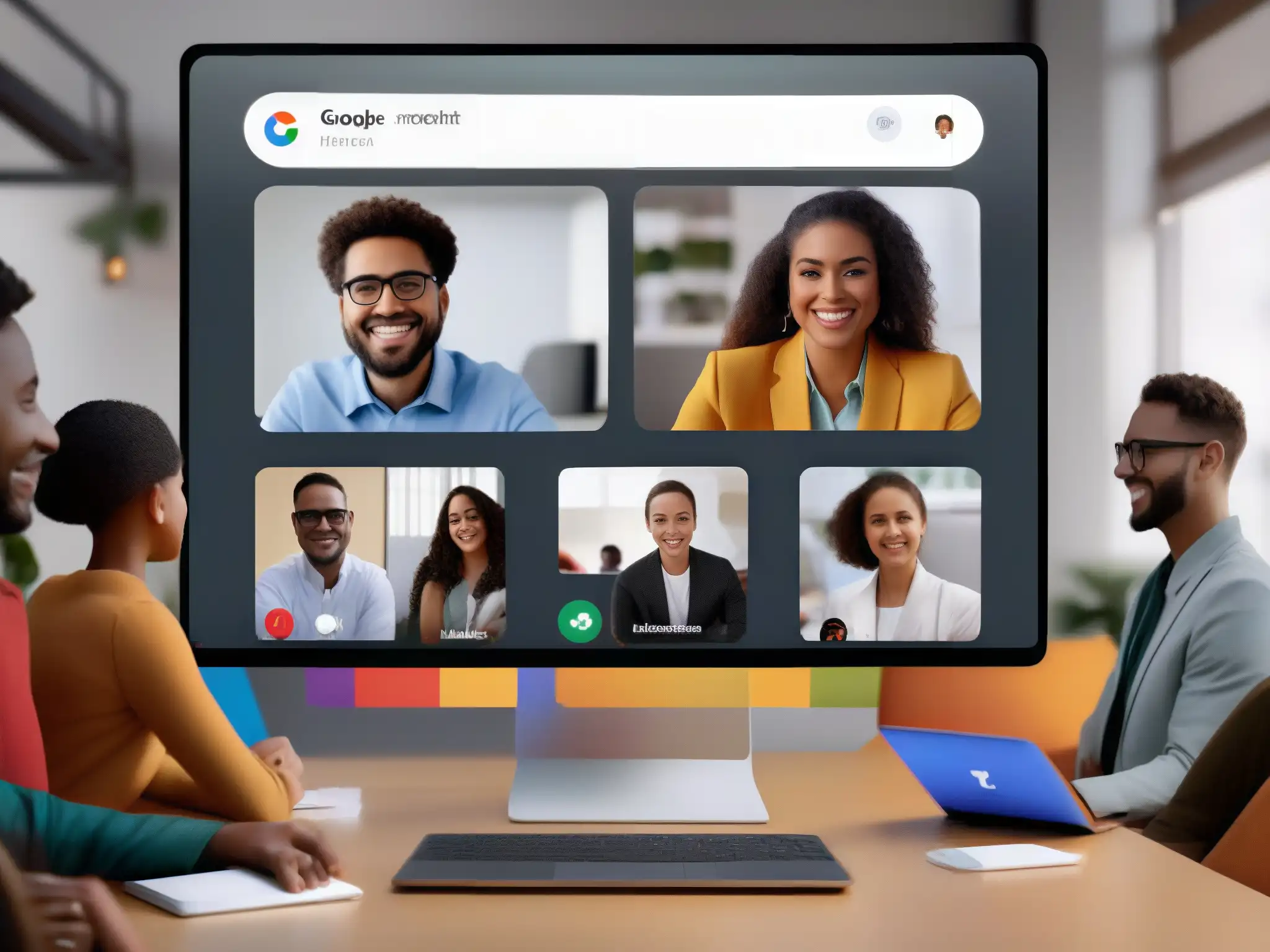 Reunión virtual en Google Meet: colaboración y productividad en 8k Profesionales y estudiantes utilizan funciones ocultas de Google Meet en una reunión virtual, mostrando su versatilidad y usabilidad