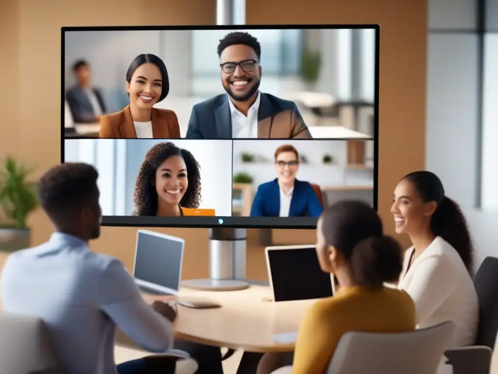 Videoconferencia inteligente: profesionales y estudiantes en acción Profesionales y estudiantes con herramientas de videoconferencia con integraciones de IA en acción, creando un ambiente profesional y educativo