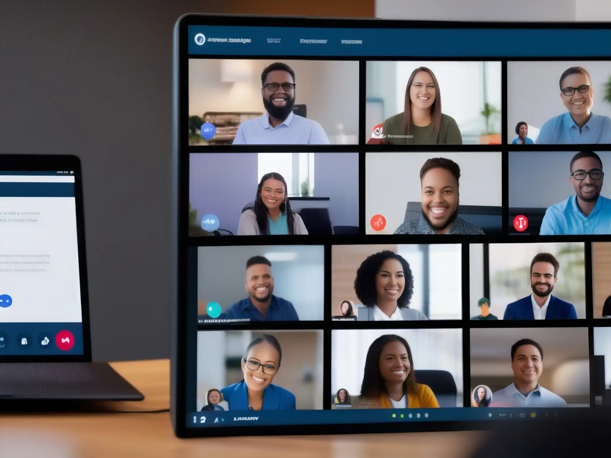 Inclusión y accesibilidad en videoconferencias Profesionales y estudiantes diversos, incluidas personas con discapacidad, en una videoconferencia accesible en una plataforma moderna e inclusiva