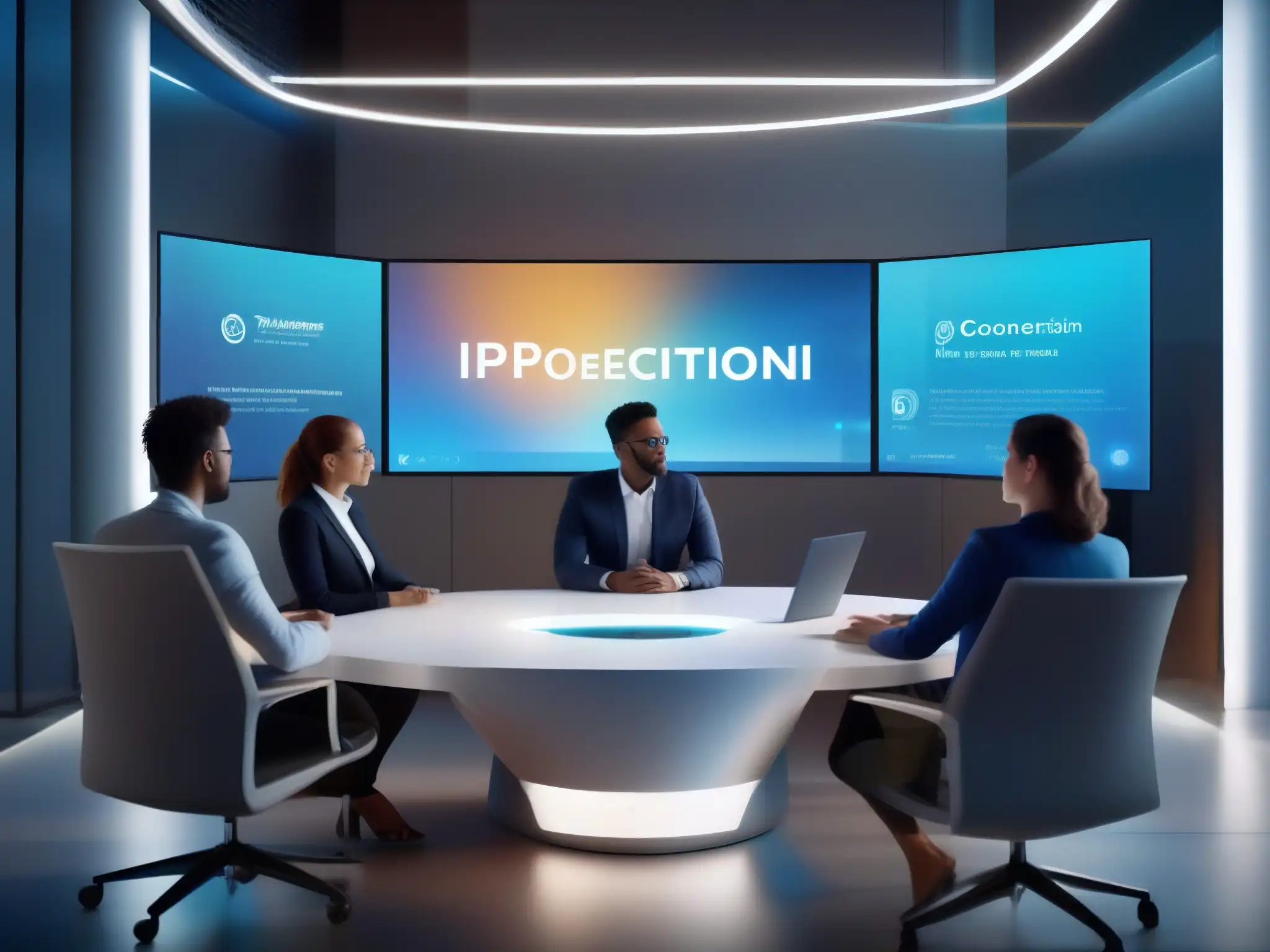 Conferencia virtual futurista con privacidad y seguridad Profesionales y estudiantes se reúnen en una interfaz futurista de videoconferencia segura