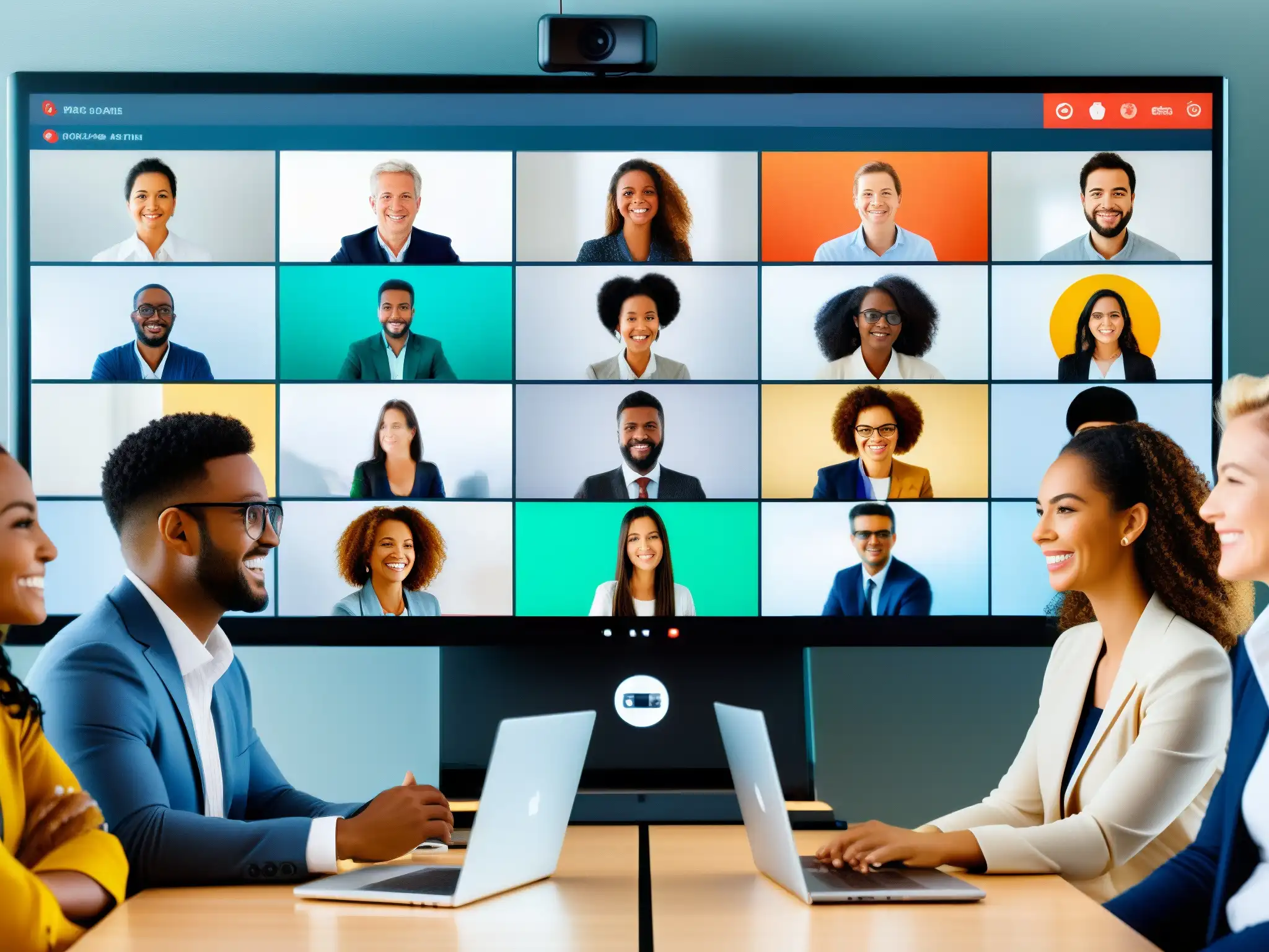 Profesionales y estudiantes en videoconferencia moderna Profesionales y estudiantes usan las mejores herramientas de videoconferencia para una reunión virtual productiva y profesional