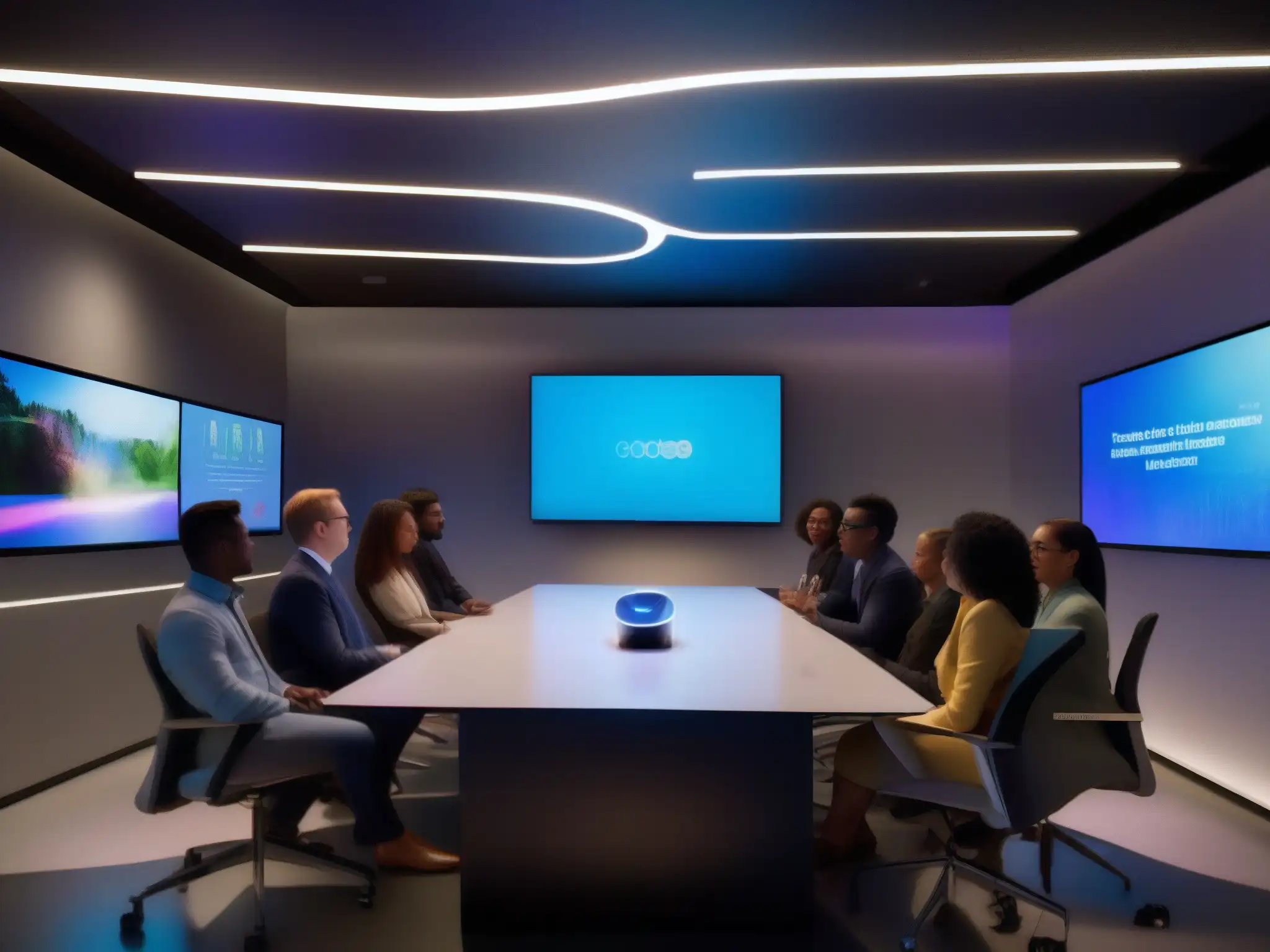 Reunión virtual de profesionales con tecnología de vanguardia Profesionales y estudiantes se reúnen en mesa futurista de videoconferencia, equilibrando seguridad y usabilidad