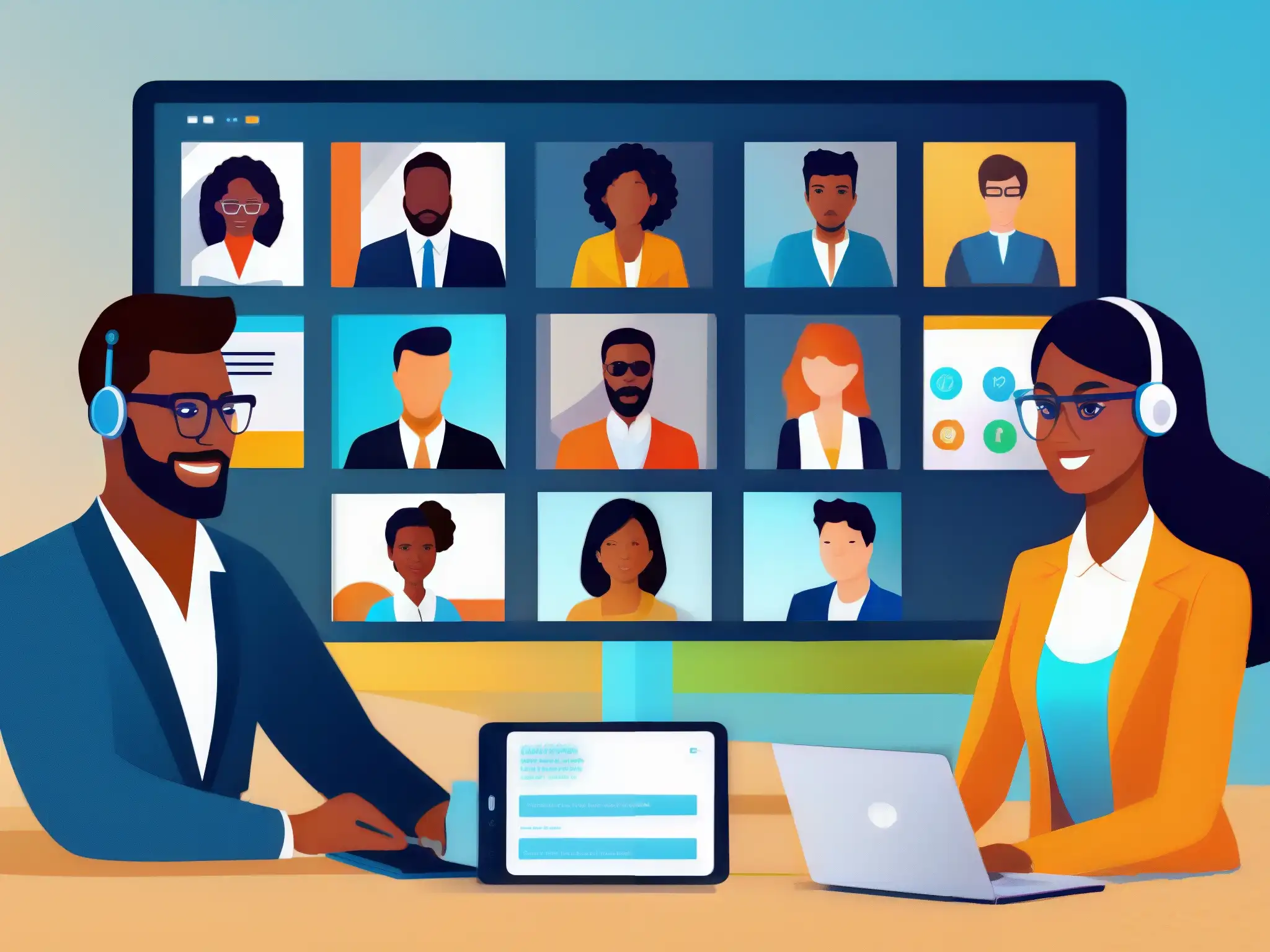 Profesionales y estudiantes usando autenticación multifactor en videoconferencia Profesionales y estudiantes usan métodos de seguridad multifactor en videoconferencias, con un diseño moderno y profesional