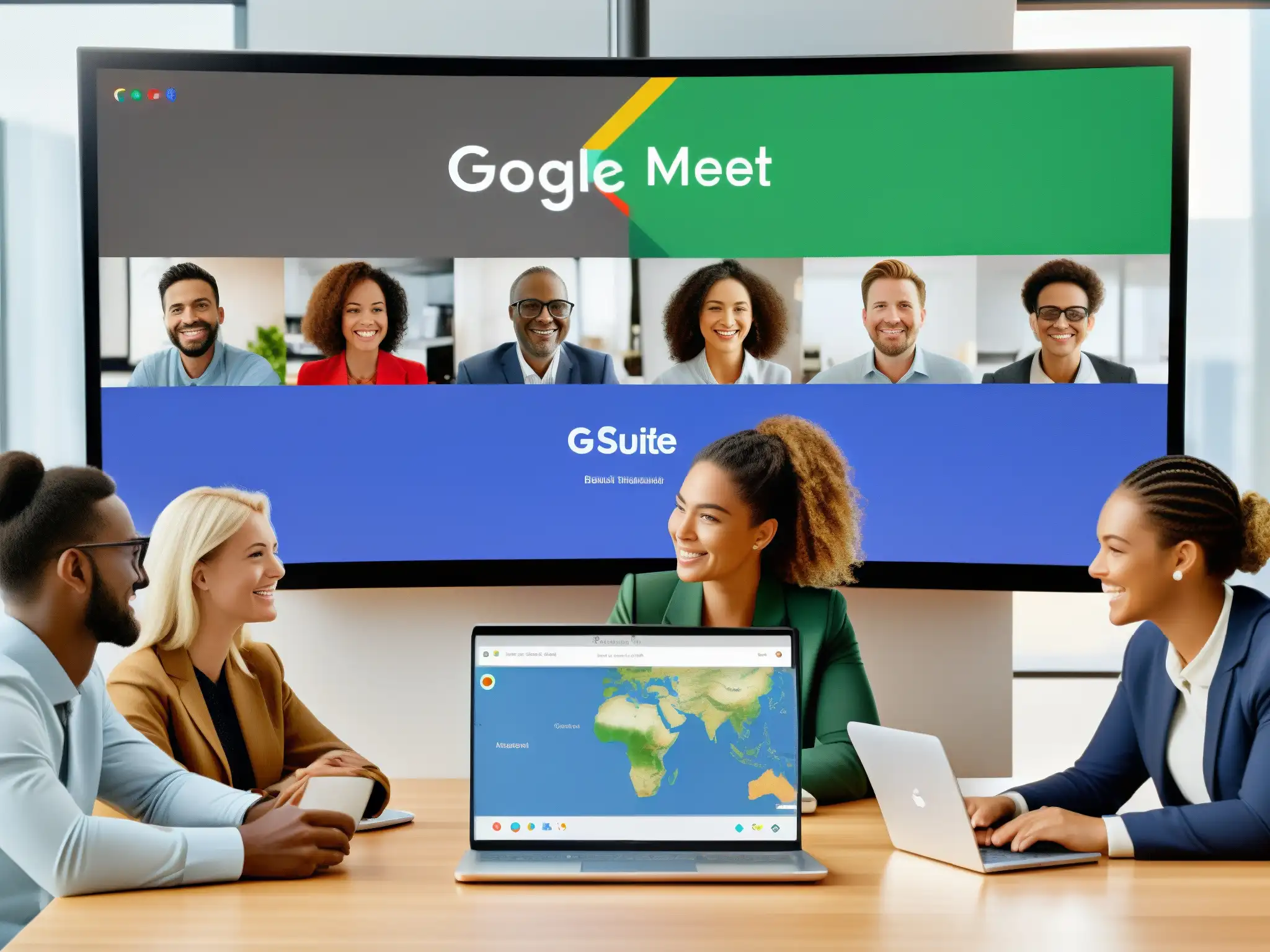 Conferencia global en Google Meet 8k - Colaboración profesional Profesionales y estudiantes de todo el mundo colaboran en una videoconferencia con las mejores herramientas de videoconferencia internacionales