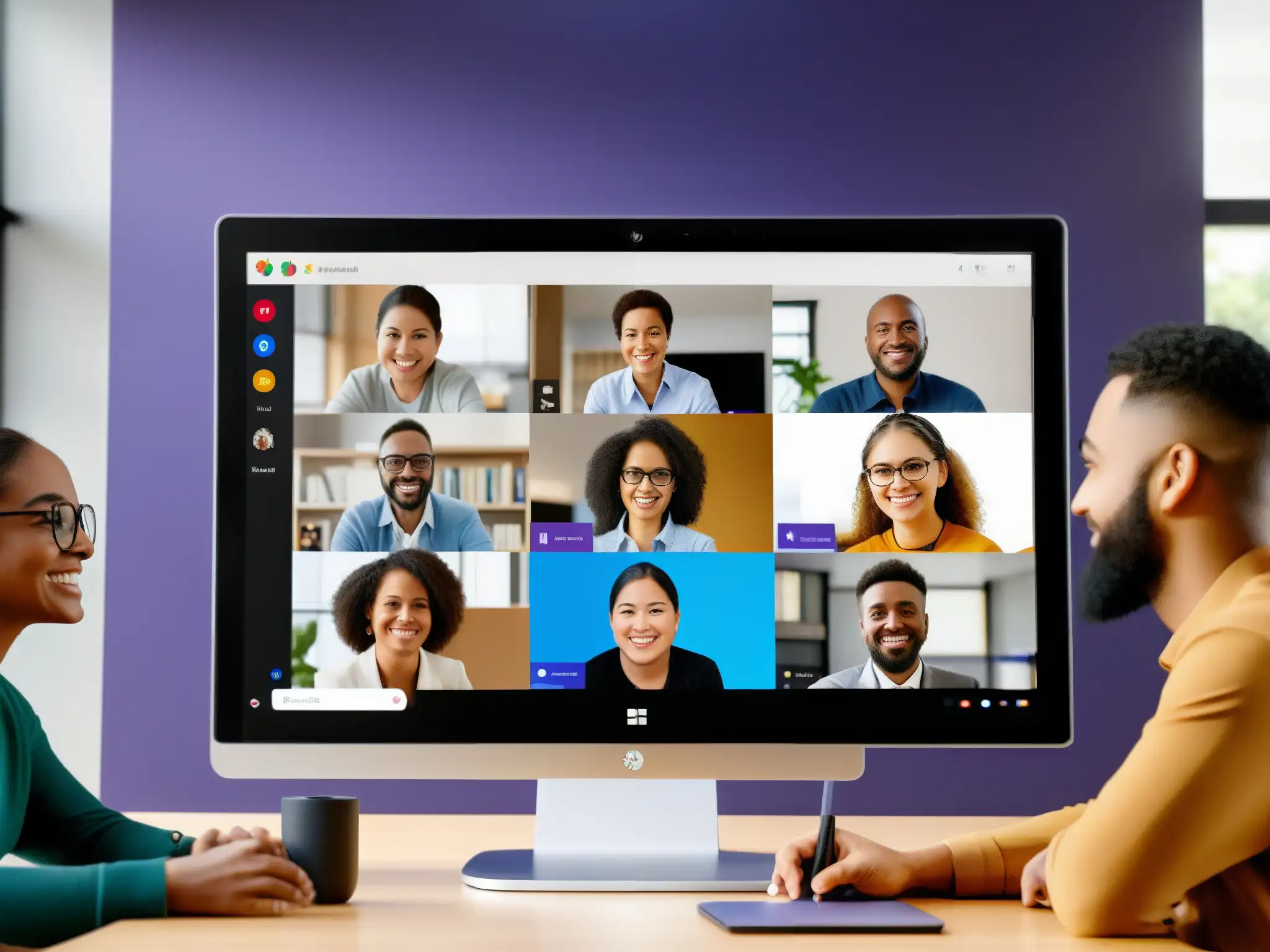 Reunión inclusiva en Microsoft Teams: diversidad y colaboración Profesionales y estudiantes de diferentes orígenes participan en una videoconferencia inclusiva a través de Microsoft Teams