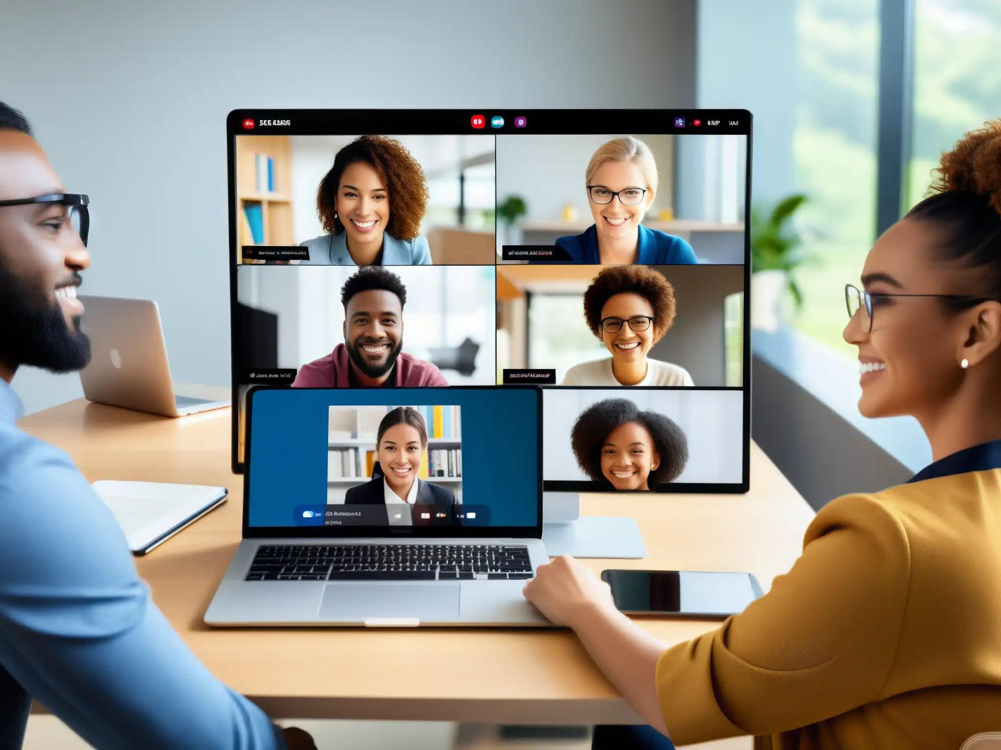 Videoconferencia personalizada para profesionales y estudiantes Profesionales y estudiantes usan una plataforma de videoconferencia personalizable con múltiples funciones, mostrando versatilidad y adaptabilidad
