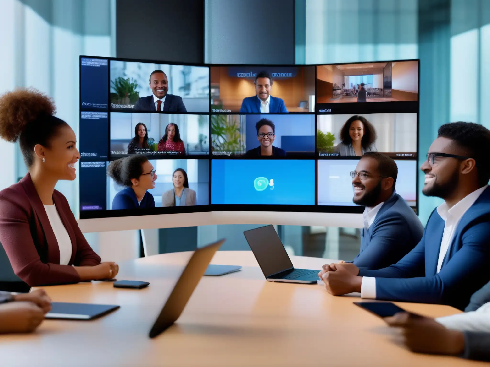 Colaboración en Videoconferencia: Profesionales y Estudiantes en Acción Profesionales y estudiantes colaborando en proyecto vía videoconferencia