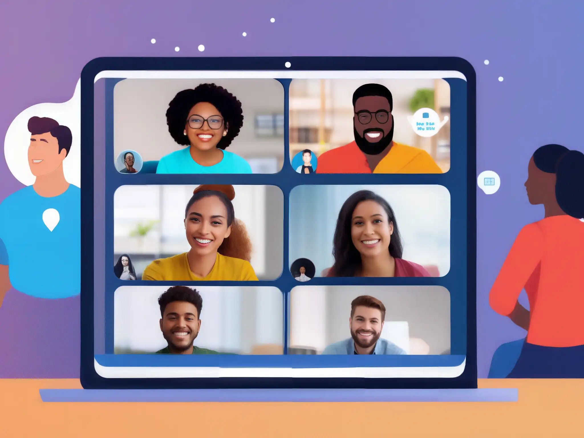 Encuentro virtual: Jitsi Meet y Zoom en acción Profesionales y estudiantes participan en una reunión virtual usando Jitsi Meet y Zoom