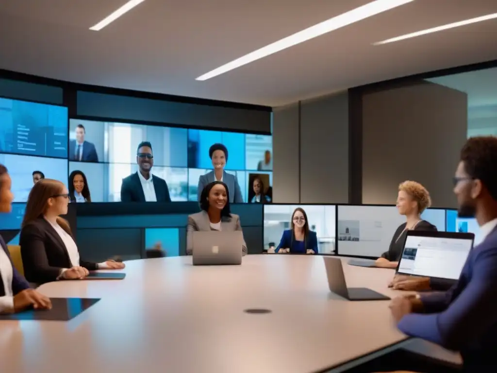 Reunión virtual innovadora: profesionales y estudiantes comprometidos Profesionales y estudiantes en reunión virtual, con tecnología de vanguardia y ambiente moderno