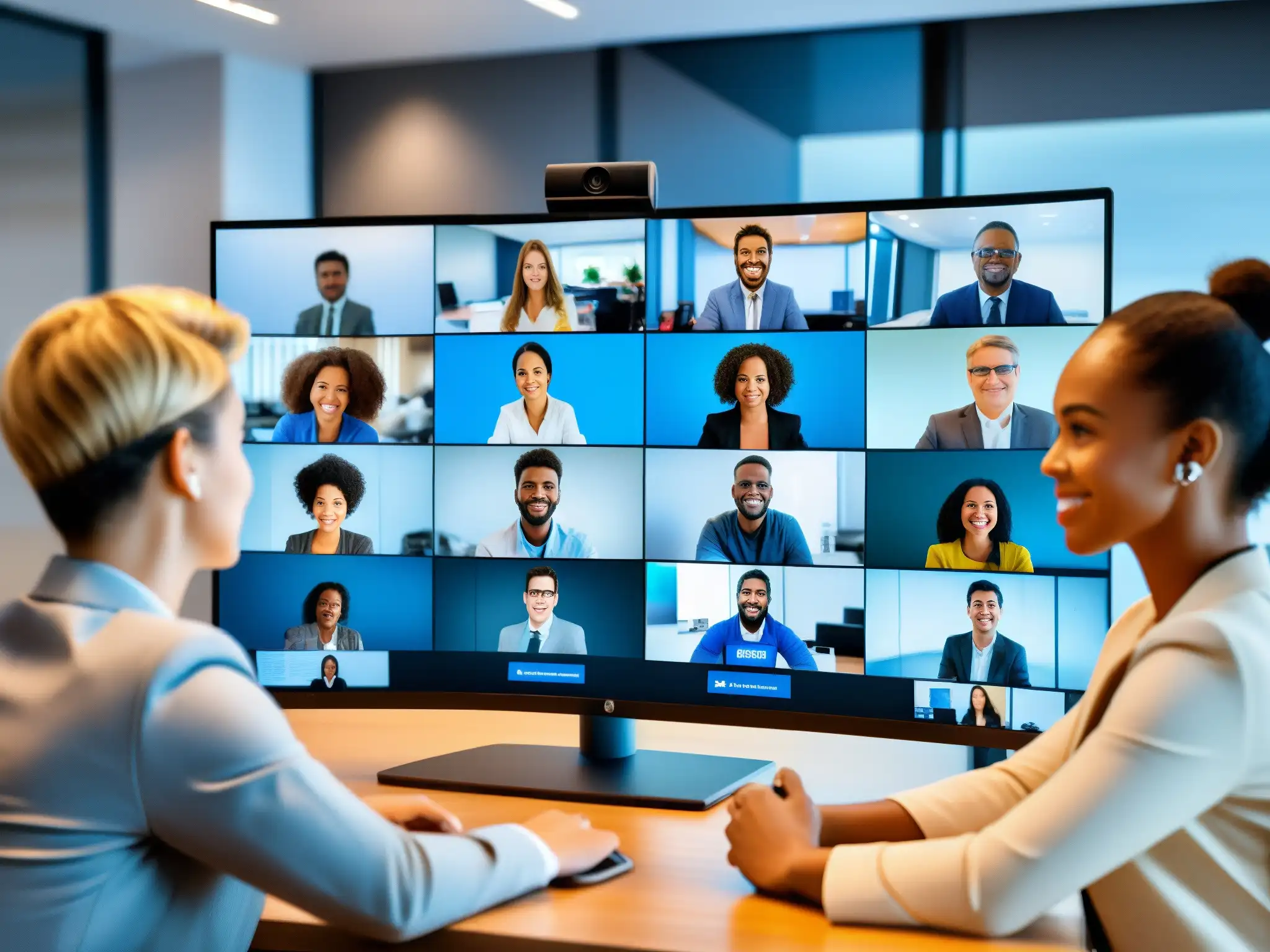 Videoconferencia segura y productiva de profesionales y estudiantes en 8k Profesionales y estudiantes participando en una reunión virtual segura en VideoMeetingsHub, previniendo vulnerabilidades