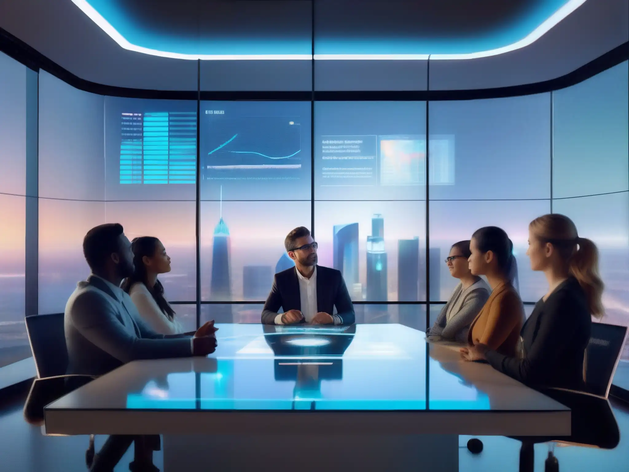 Reunión virtual con hologramas: colaboración futurista Profesionales y estudiantes en reunión virtual con hologramas de gráficos y modelos 3D
