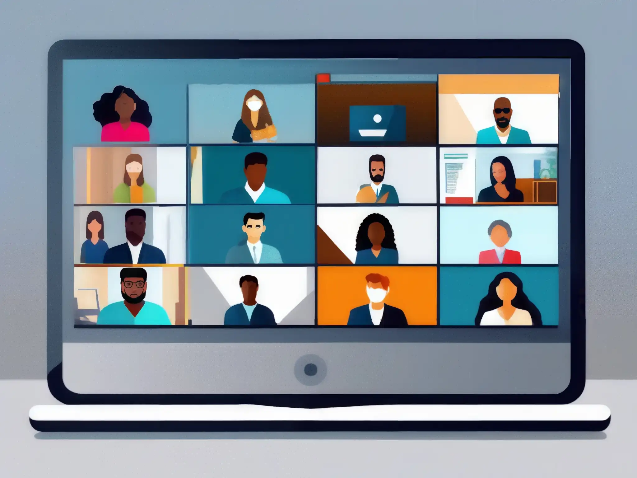Profesionales y estudiantes en reunión virtual segura Profesionales y estudiantes protegiendo reuniones Zoom de intrusos, colaboración segura y profesional
