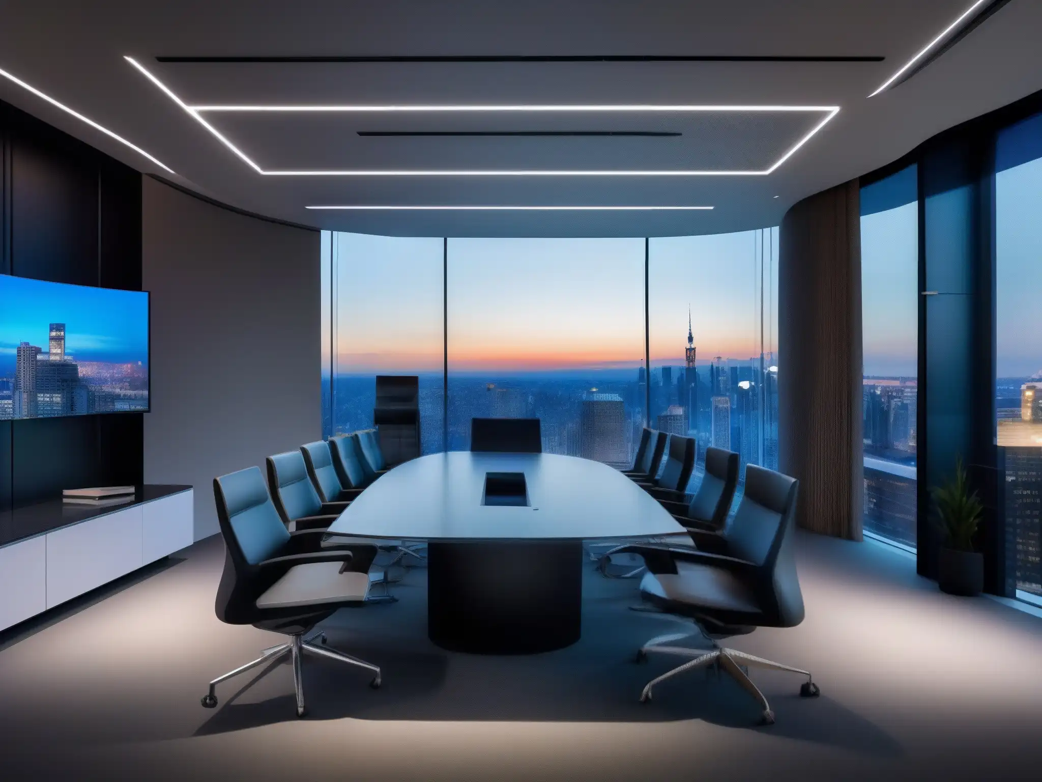 Salón de Videoconferencias Futurista con Vistas a la Ciudad Profesionales y estudiantes colaboran en una sala futurista de videoconferencia con vistas a la ciudad