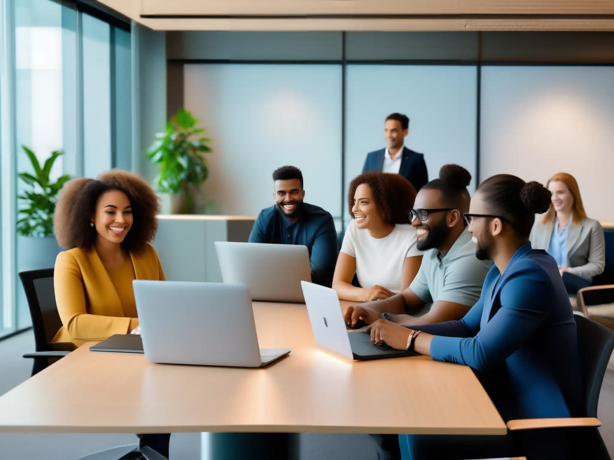 Profesionales y estudiantes colaborando en videoconferencias Profesionales y estudiantes usan Zoom, Google Meet y Webex en una sala moderna y luminosa
