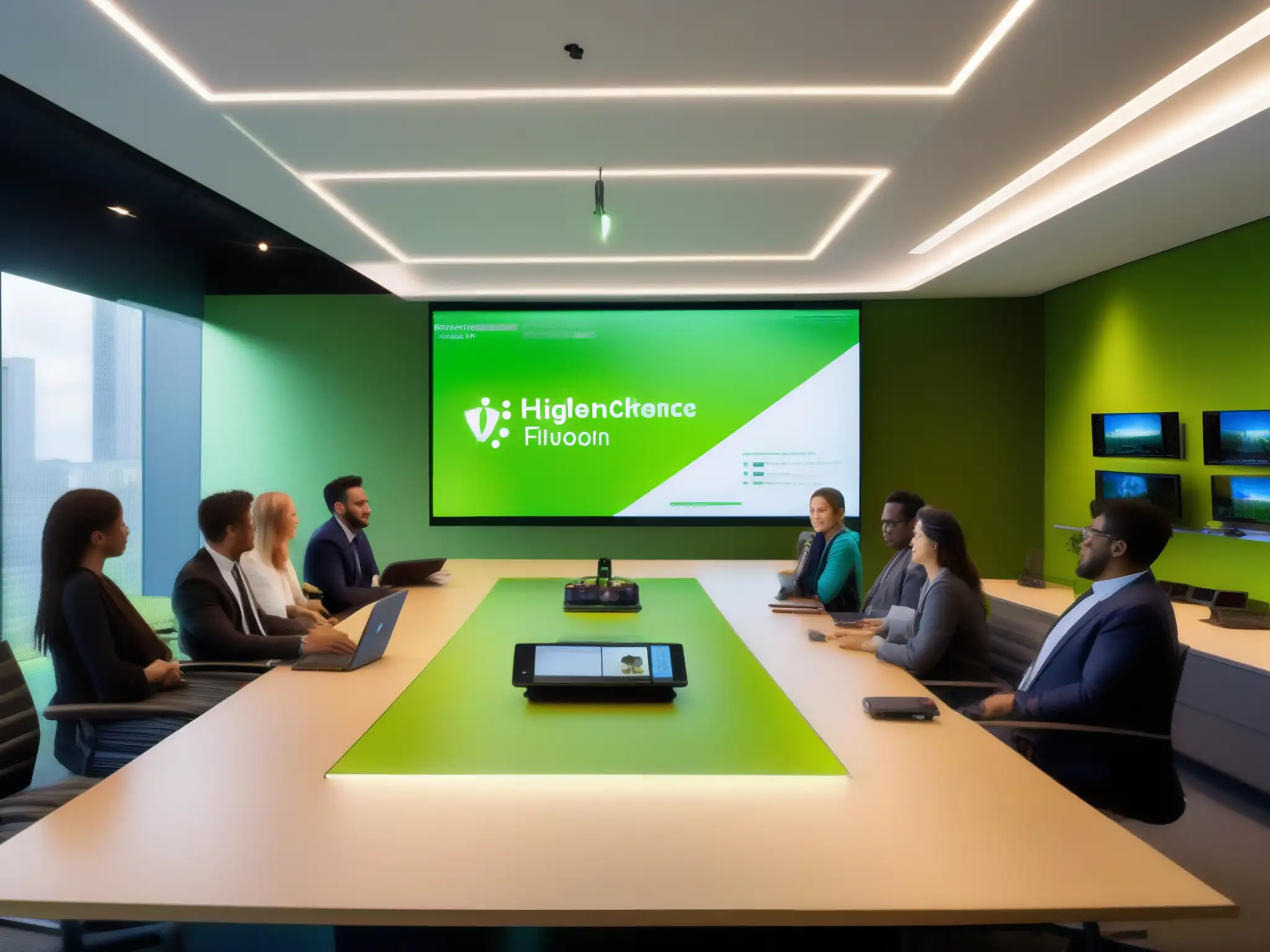 Sala de videoconferencias eco-amigable con tecnología de vanguardia Profesionales y estudiantes en una sala de videoconferencias moderna, con iluminación LED energéticamente eficiente y vistas a un paisaje verde