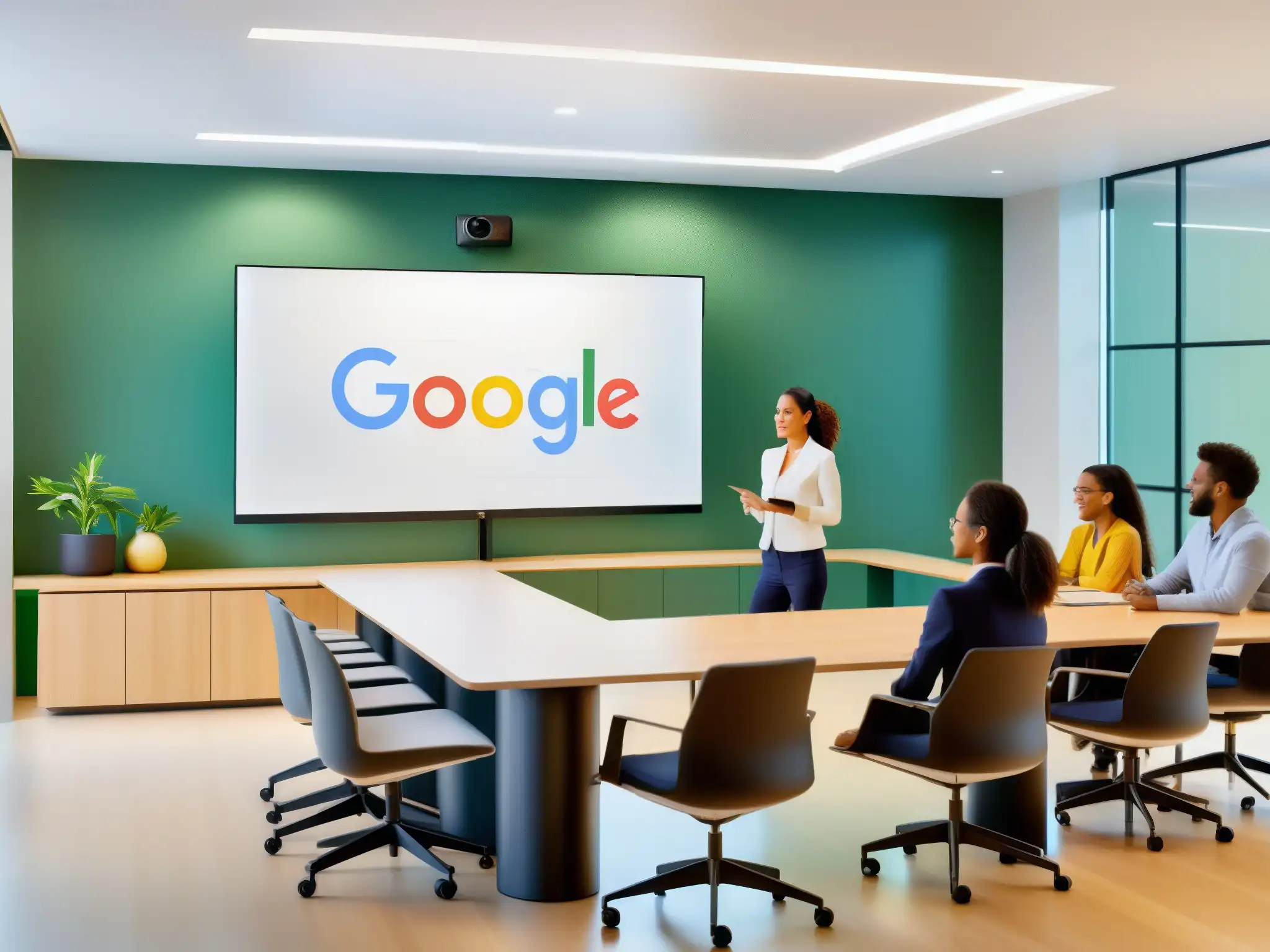 Google Meet en acción: colaboración y productividad en aula moderna Profesionales y estudiantes en sesión interactiva de Google Meet, mostrando funciones ocultas para mejorar usabilidad