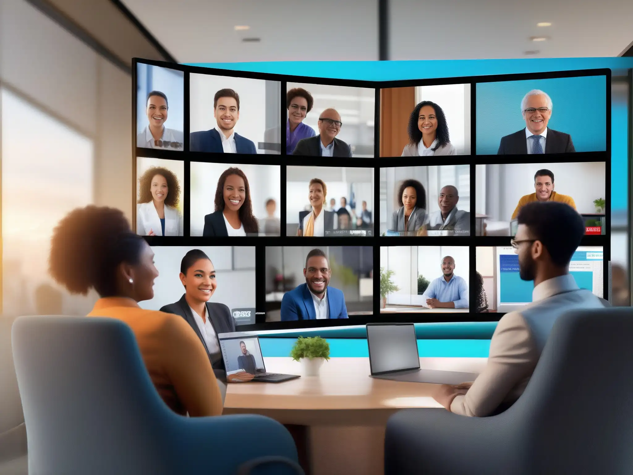 Conferencia virtual: conectividad y colaboración en diversos entornos Profesionales y estudiantes se conectan a través de videoconferencia, mostrando diferentes herramientas y entornos