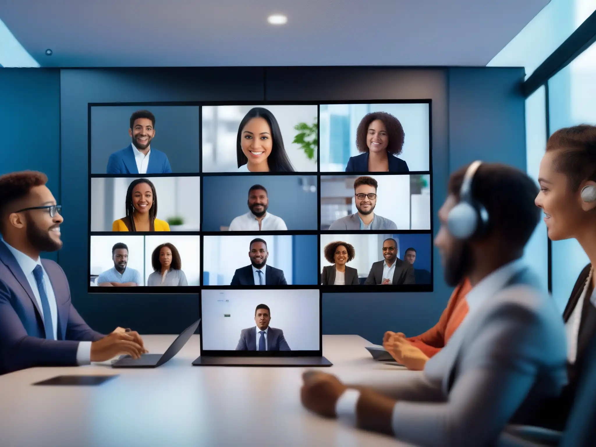 Profesionales y estudiantes interactúan en videoconferencia segura Profesionales y estudiantes participan en videoconferencia 8k