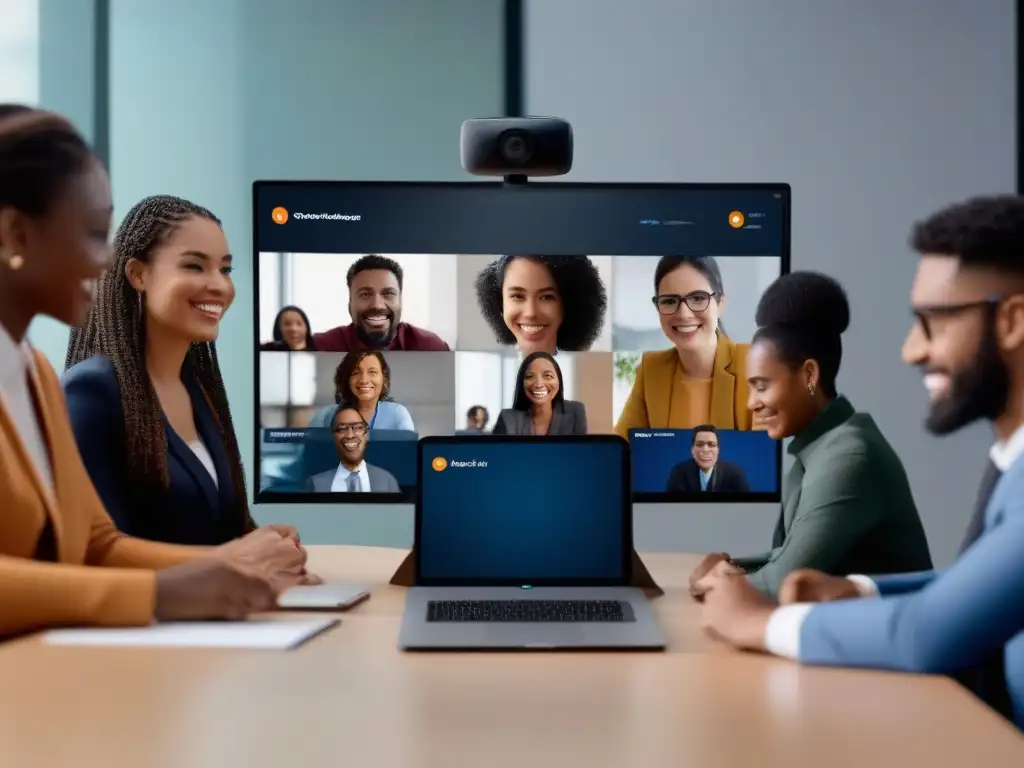 Videoconferencia de alta calidad con TokBox: diversidad y profesionalismo Profesionales y estudiantes en videoconferencia de alta calidad, destacando la versatilidad de las plataformas de videoconferencia con SDKs