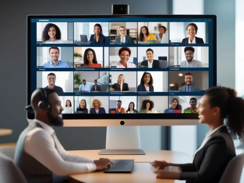 Videoconferencia de profesionales y estudiantes: interacción dinámica y confiable Profesionales y estudiantes participando en una videoconferencia de alta calidad en tiempo real, destacando la plataforma de videoconferencia