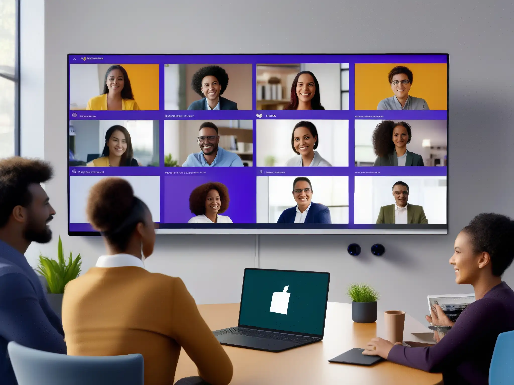 Profesionales y estudiantes colaboran en Microsoft Teams Profesionales y estudiantes diversos colaboran en una videoconferencia animada, con el logo de Microsoft Teams en pantalla