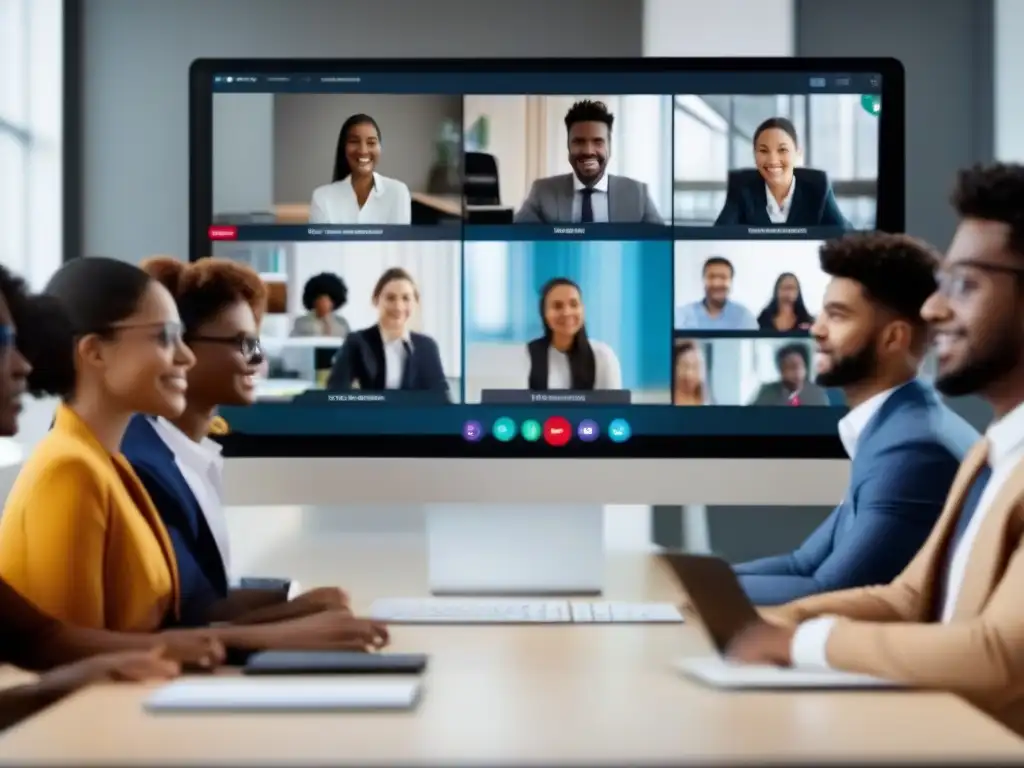 Conferencia virtual: profesionales y estudiantes conectados Profesionales y estudiantes se conectan en videoconferencia, mostrando calidad y fiabilidad
