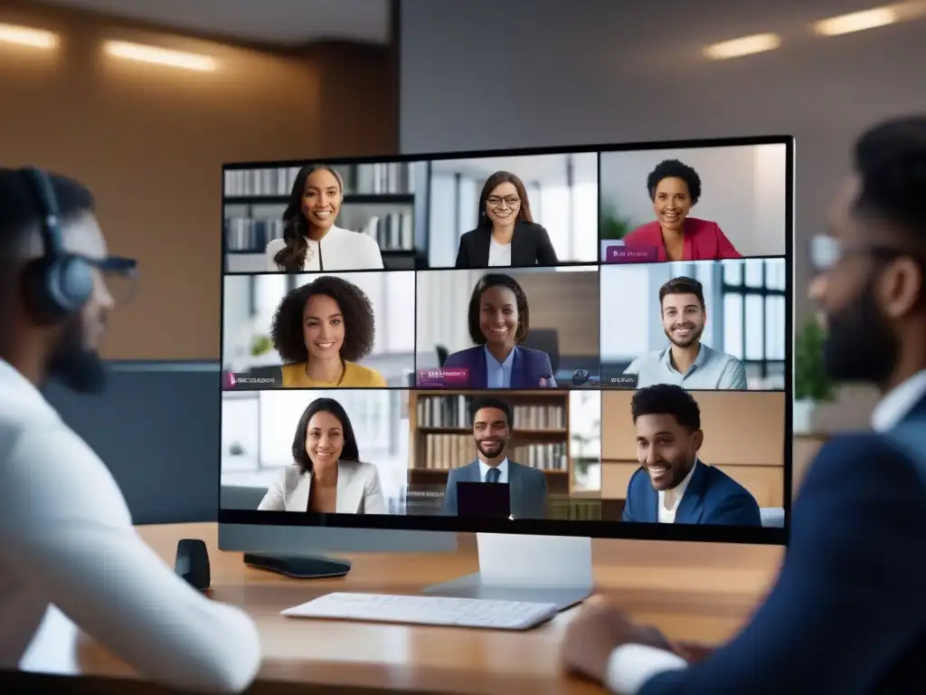 Conferencia virtual segura: Profesionales y estudiantes comprometidos en discusión Profesionales y estudiantes participan en una videoconferencia 8k, con capas de seguridad en videoconferencias