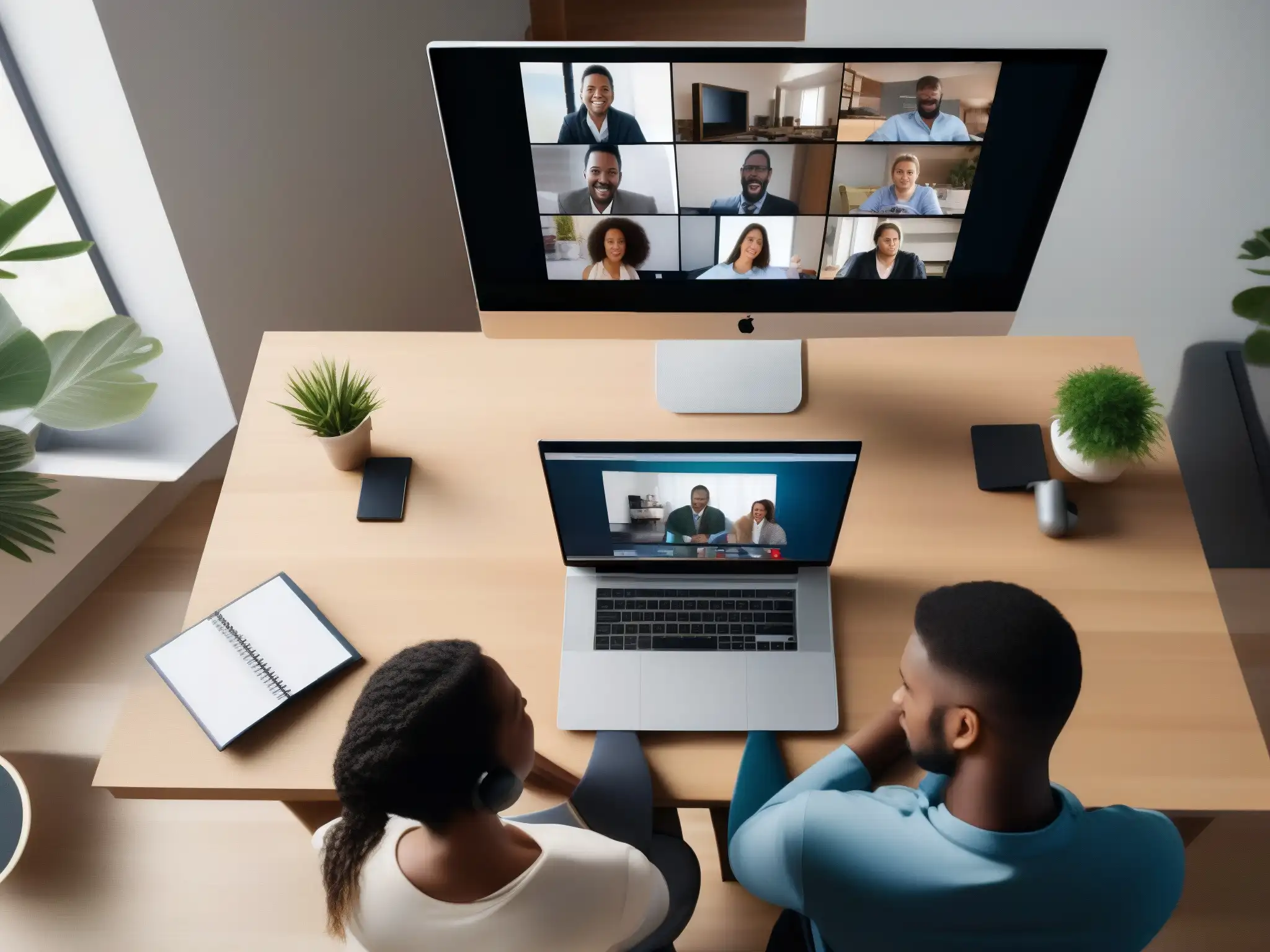 Conferencia virtual: profesionales y estudiantes conectados desde casa Profesionales y estudiantes en videoconferencia desde casa, con setups de oficina modernos