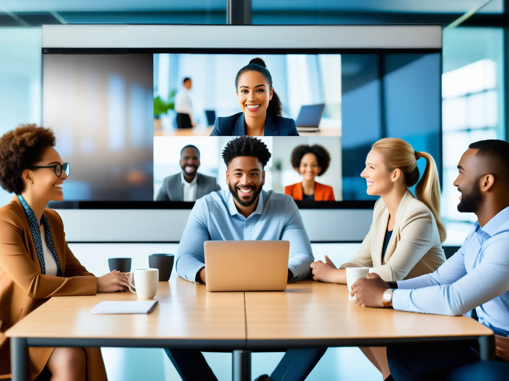 Videoconferencia dinámica: profesionales y estudiantes conectados Profesionales y estudiantes participan en videoconferencia, reflejando colaboración y conexión, ideal para aprovechar datos en videoconferencias