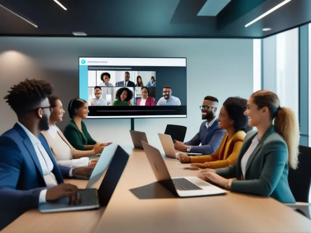 Conferencia virtual dinámica: profesionales y estudiantes colaborando Profesionales y estudiantes colaboran en una videoconferencia, mostrando compatibilidad multiplataforma y profesionalismo