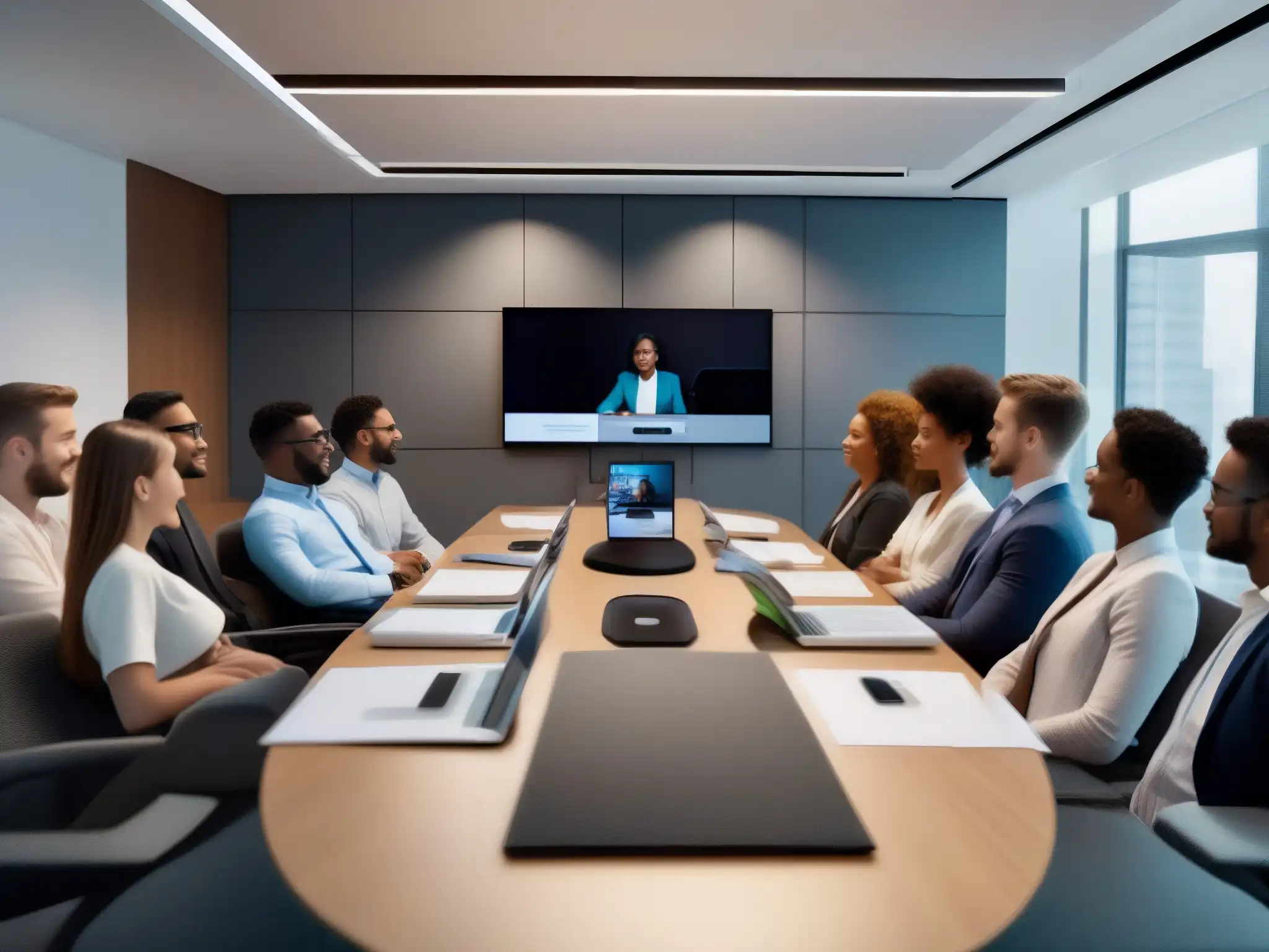 Conferencia virtual: profesionales y estudiantes interactivos Profesionales y estudiantes en videoconferencia, mostrando la compatibilidad de software en un entorno moderno y dinámico
