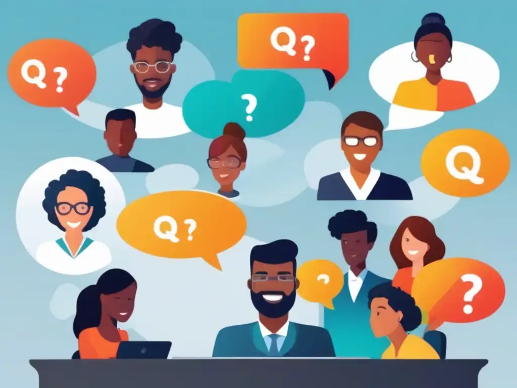 Videoconferencia dinámica: preguntas y encuestas en Zoom, Webex y Teams Profesionales y estudiantes en una videoconferencia dinámica, con Burbujas de texto y signos de interrogación