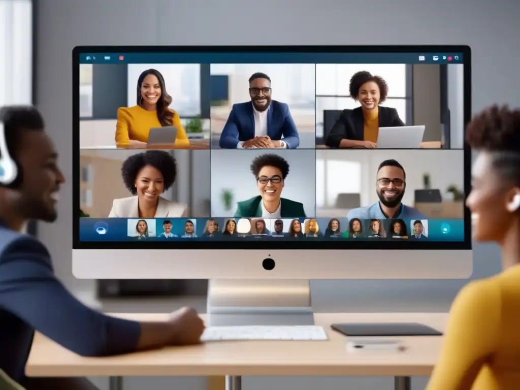 Videoconferencia dinámica: profesionales y estudiantes participan en chat interactivo Profesionales y estudiantes participan en una videoconferencia dinámica con funcionalidades de chat en un entorno colaborativo y moderno
