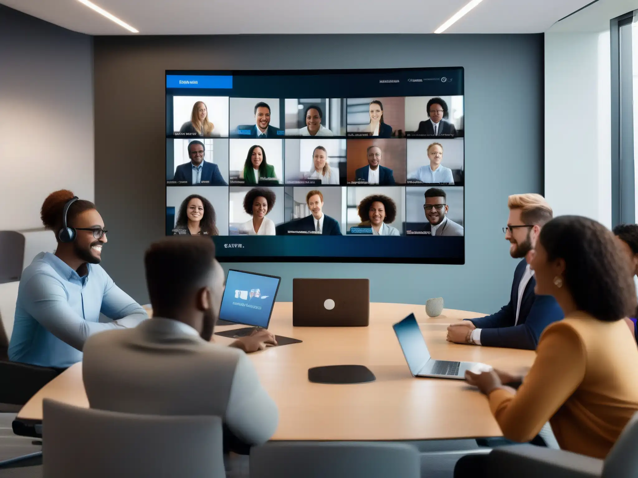 Videoconferencia inclusiva: profesionales y estudiantes en acción Profesionales y estudiantes en una videoconferencia con dispositivos diferentes, en un entorno moderno y profesional