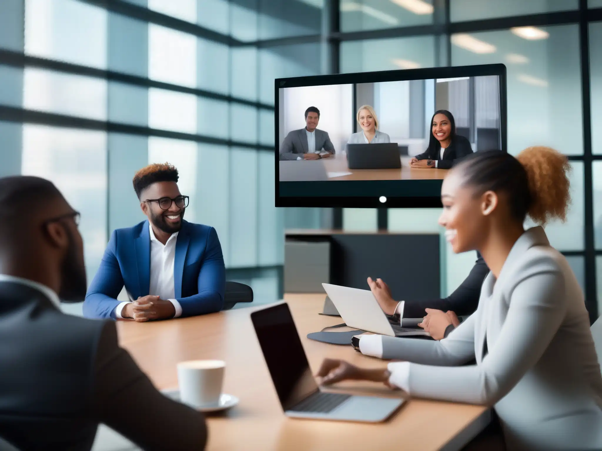 Videoconferencia profesional con diversidad de dispositivos Profesionales y estudiantes en videoconferencia desde dispositivos móviles en un entorno moderno
