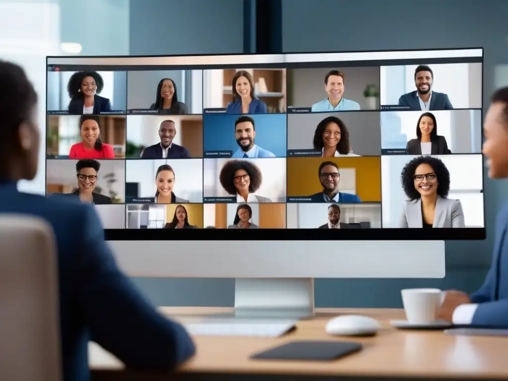 Profesionales y estudiantes en videoconferencia de alta calidad Profesionales y estudiantes se conectan en una videoconferencia, mostrando colaboración y comunicación efectiva
