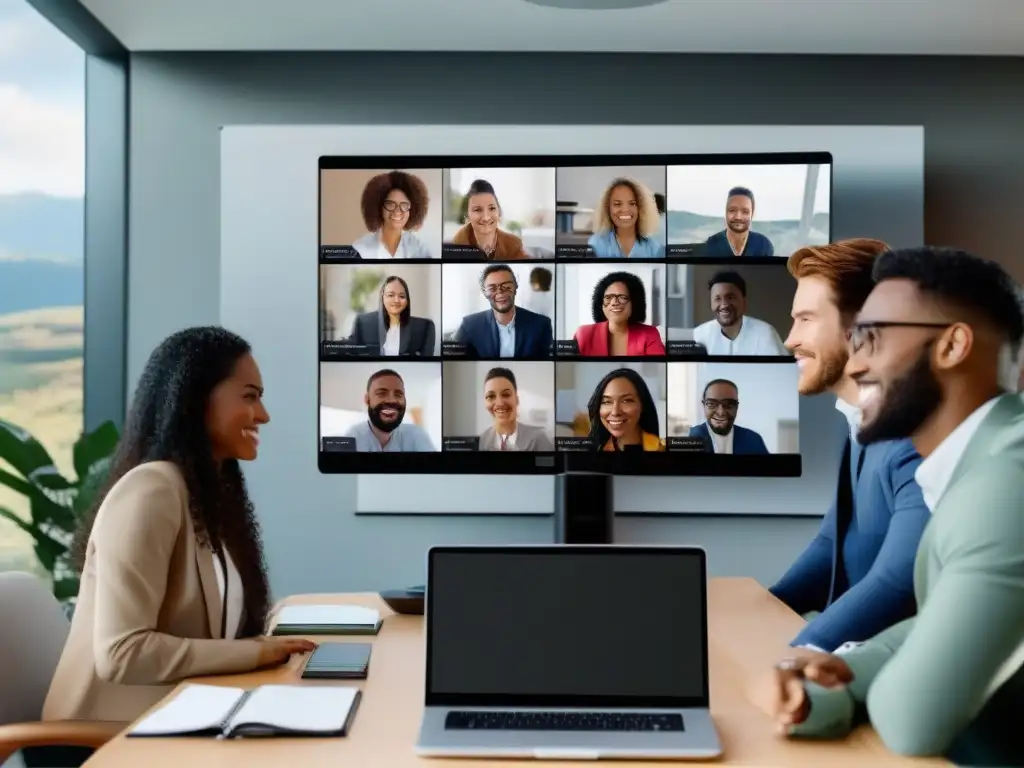 Conferencia remota en paisaje natural: conexión profesional Profesionales y estudiantes se conectan a una videoconferencia, resaltando la eficacia de las herramientas de videoconferencia para áreas remotas